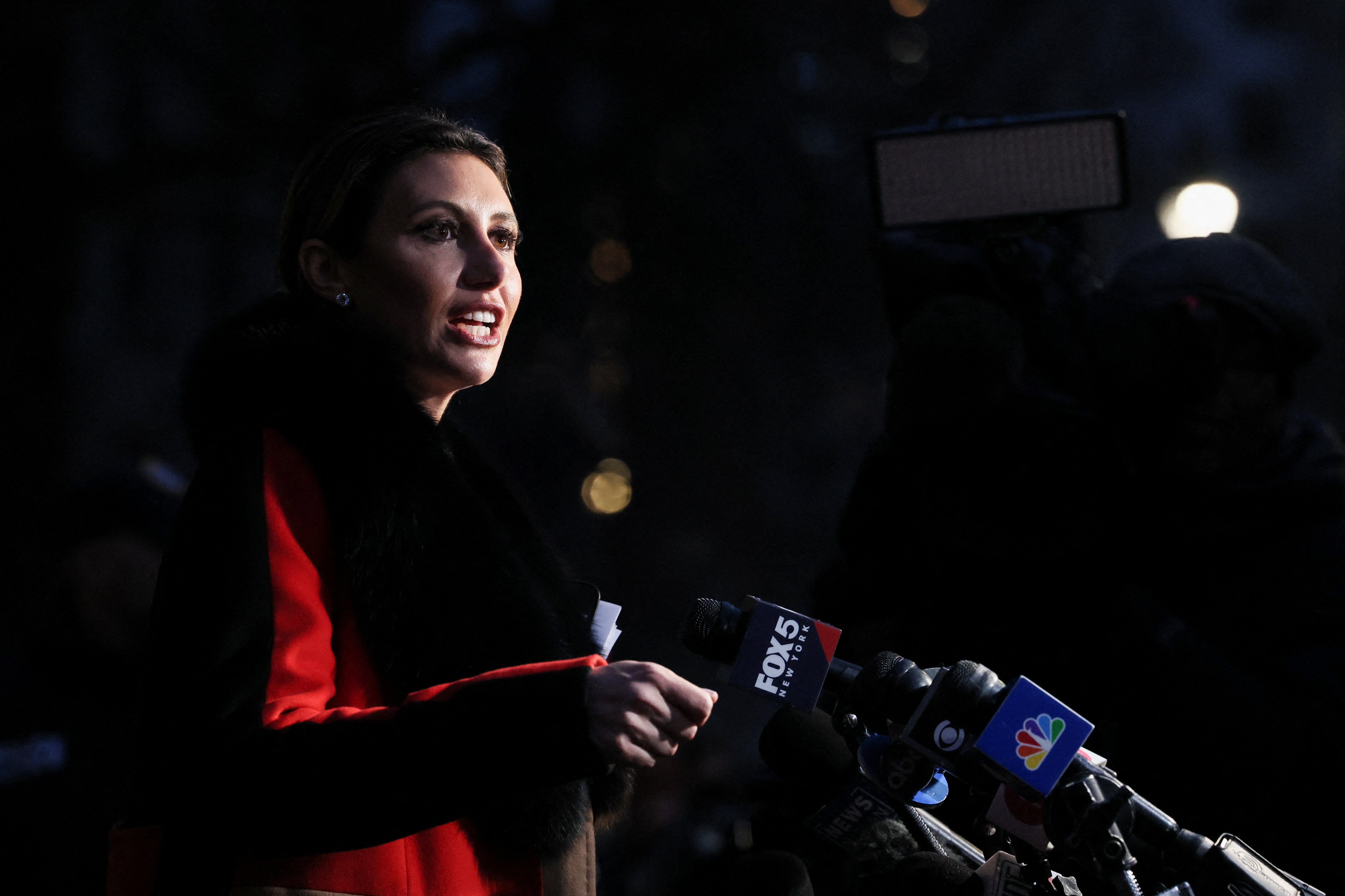 Donald Trump’s attorney Alina Habba speaks to reporters outside Manhattan federal court on 26 January following a second defamation trial stemming from E Jean Carroll’s lawsuits against the former president.