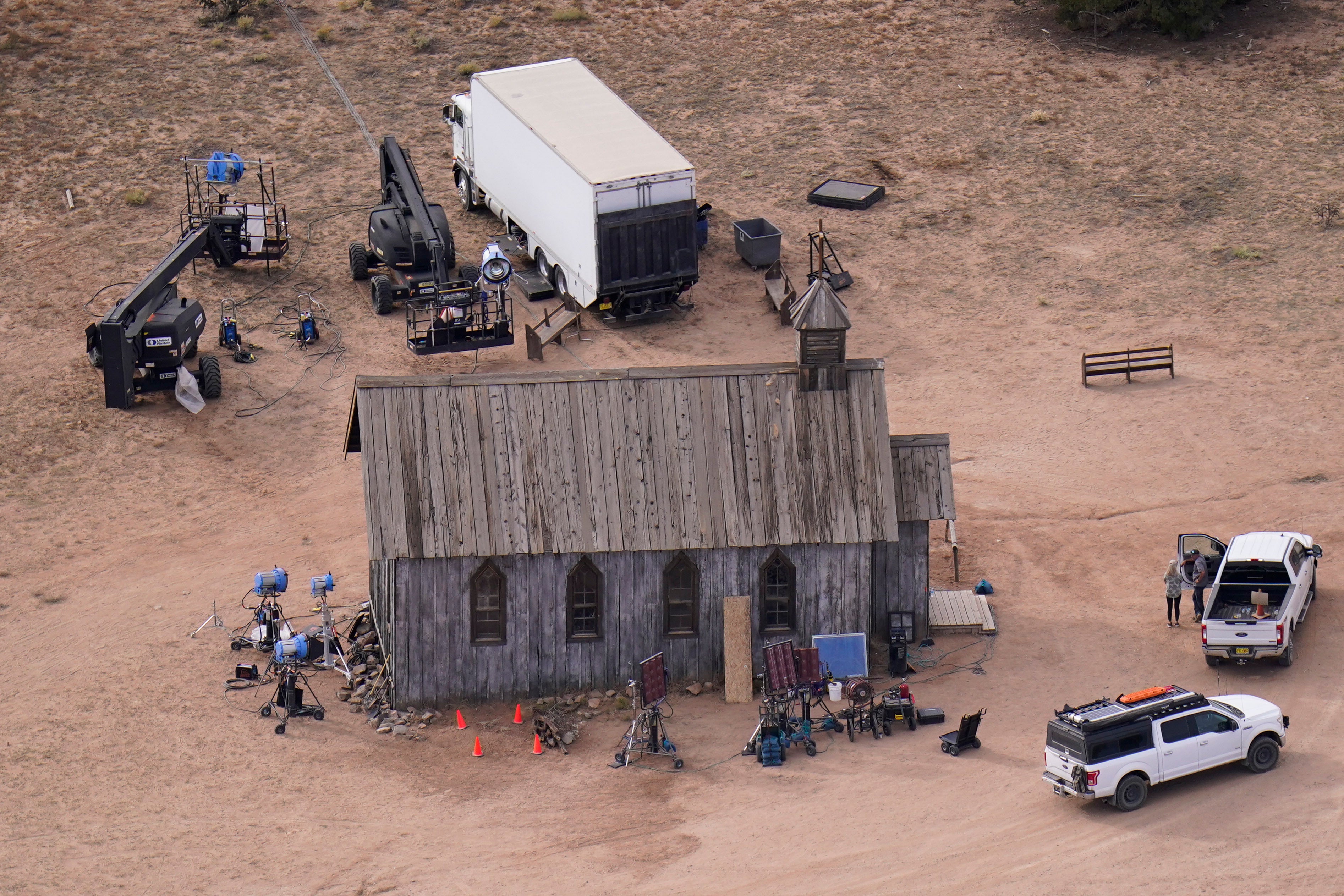 An aerial photo shows part of the Bonanza Creek Ranch film set of ‘Rust’