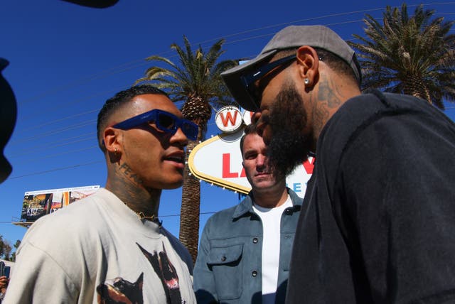 <p>Conor Benn (left) facing off with Peter Dobson in Las Vegas</p>