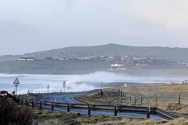 <p>Waves crash over runway at Shetland’s Sumburgh airport as storm batters UK with 85mph winds.</p>
