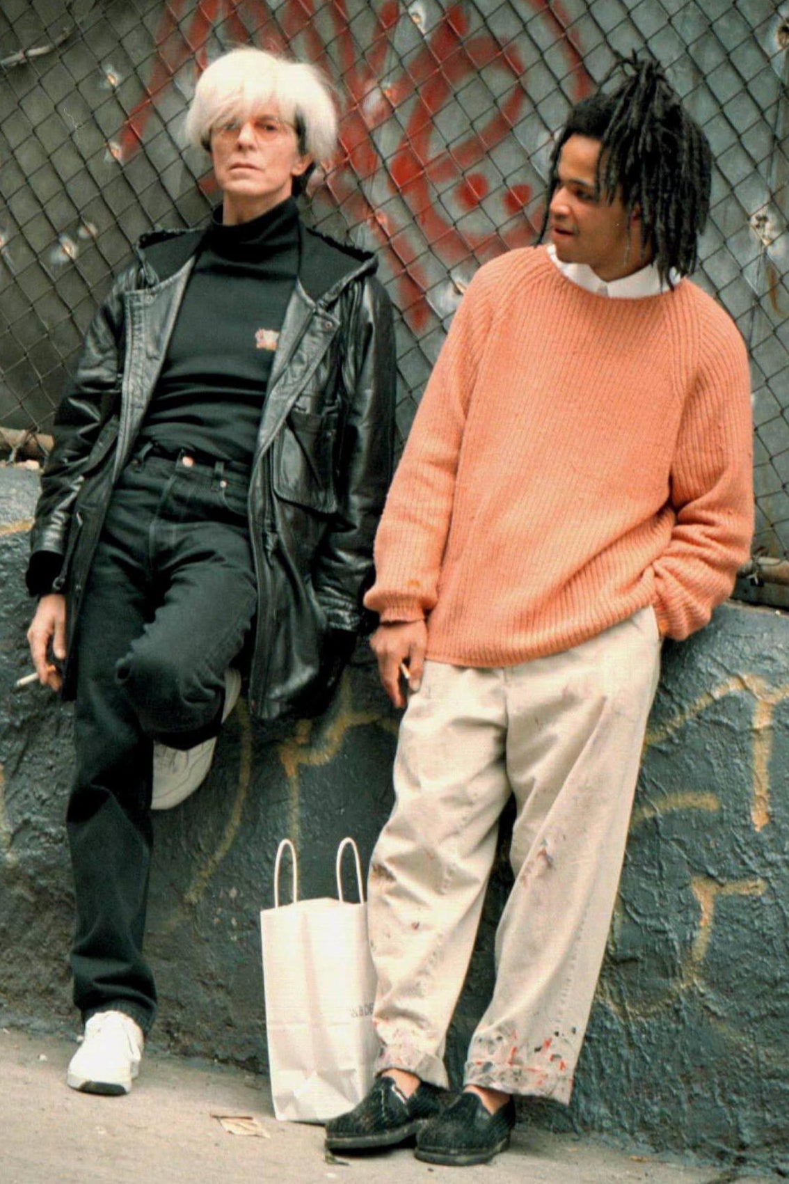 Arting around: David Bowie as Andy Warol and Wright as Jean-Michel Basquiat on the set of the 1996 biopic ‘Basquiat’