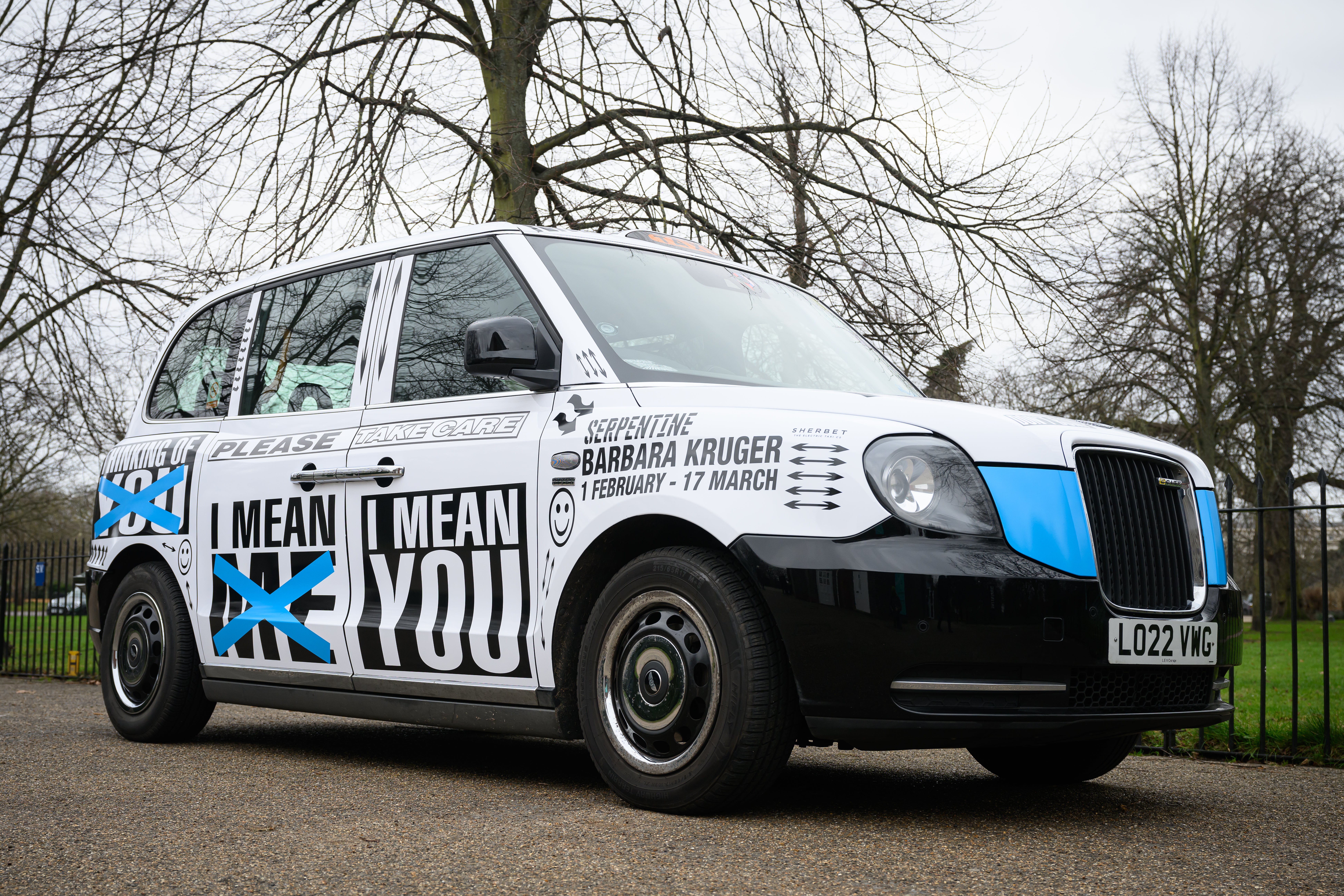 Black cabs across London are wrapped with Kruger’s art