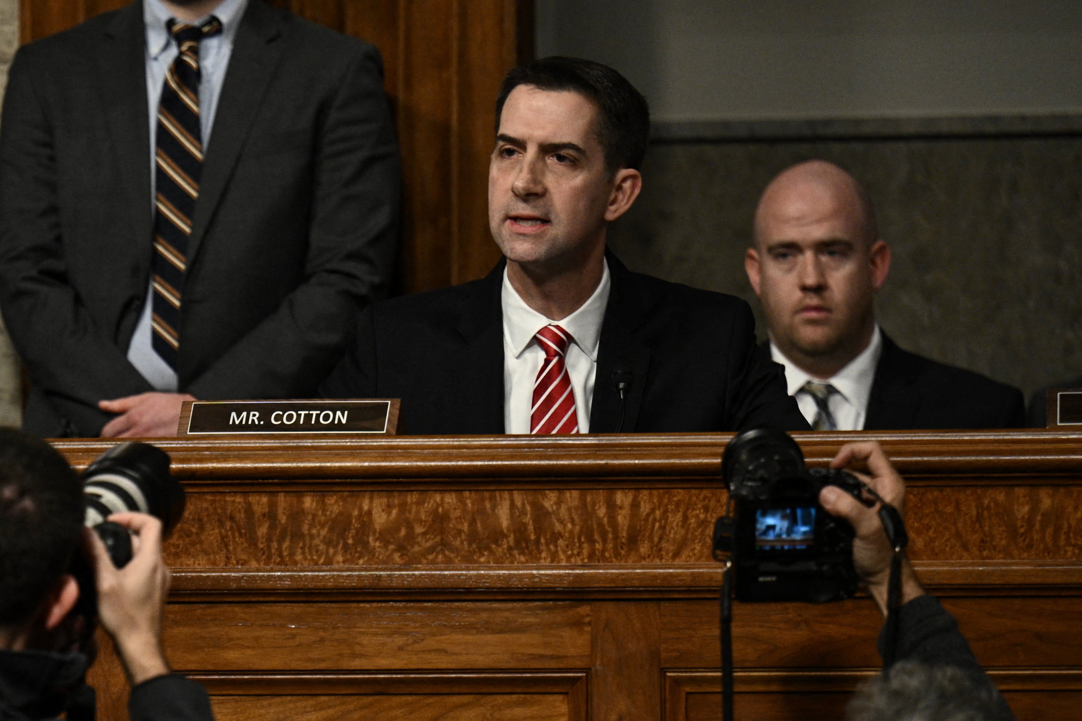 <p>US Republican Senator from Arkansas Tom Cotton (R) speaks during the US Senate Judiciary Committee hearing "Big Tech and the Online Child Sexual Exploitation Crisis" in Washington, DC, on January 31, 2024</p>