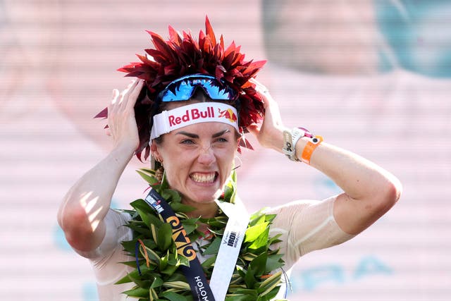 <p>Lucy Charles-Barclay of Great Britain celebrates in Hawaii</p>