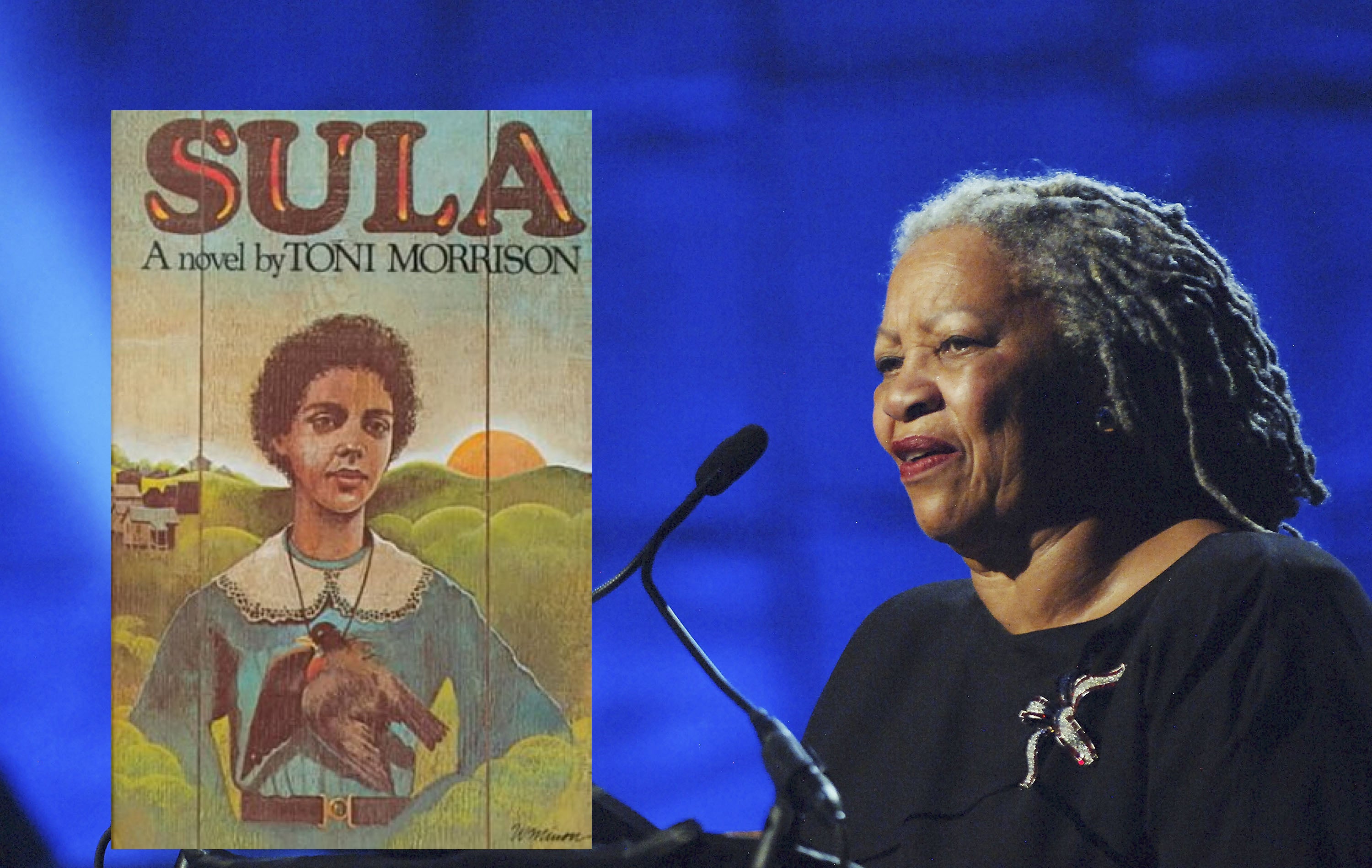 Toni Morrison at a 2005 New York City event for hurricane relief. Insert: the first edition cover of her 1973 novel ‘Sula’