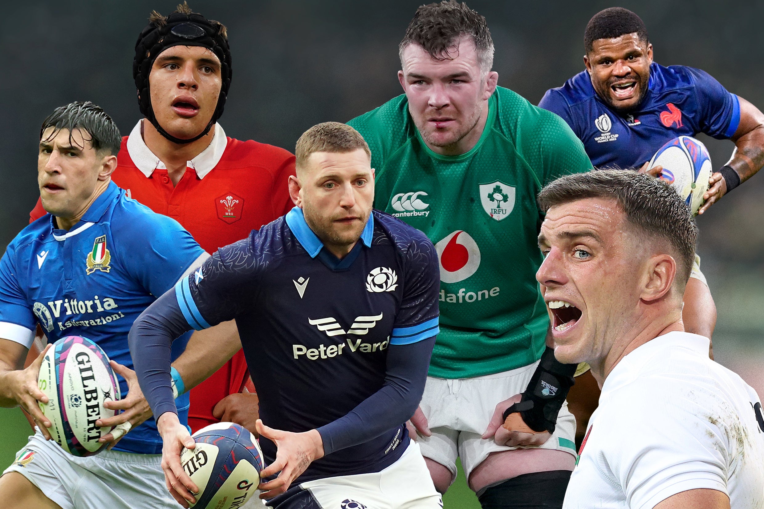 Six appeal: (from left) Italy’s Tommaso Menoncello, Dafydd Jenkins of Wales, Scotland’s Finn Russell, Ireland captain Peter O’Mahony, England’s George Ford, and Jonathan Danty of France
