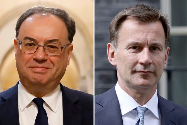 <p>Andrew Bailey, left, and Jeremy Hunt both face a tricky financial juggling act in the forthcoming months </p>