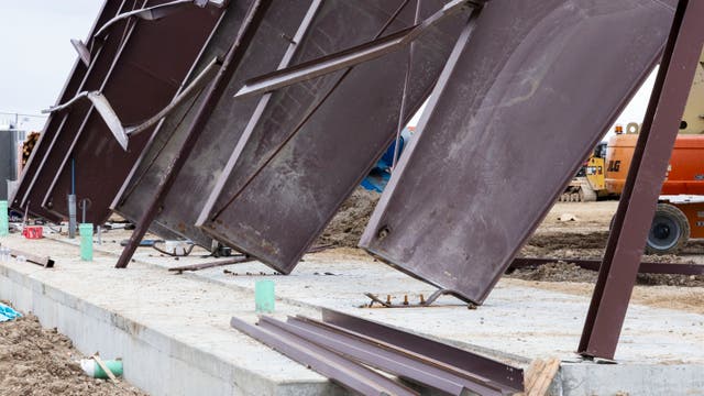 <p>Twisted girders and debris cover the ground from a deadly structure collapse at a construction site near the Boise Airport on Thursday, Feb. 1, 2024 in Boise, Idaho</p>