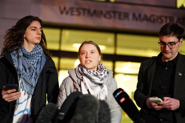 Greta Thunberg speaking to the media (Jordan Pettitt/PA)