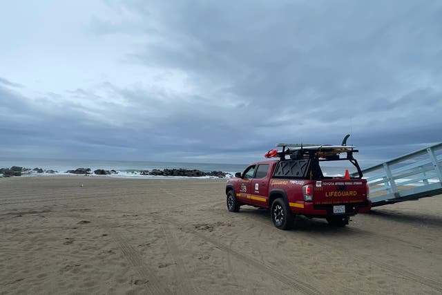 <p>A lifeguard watches surfers on Venice Beach</p>