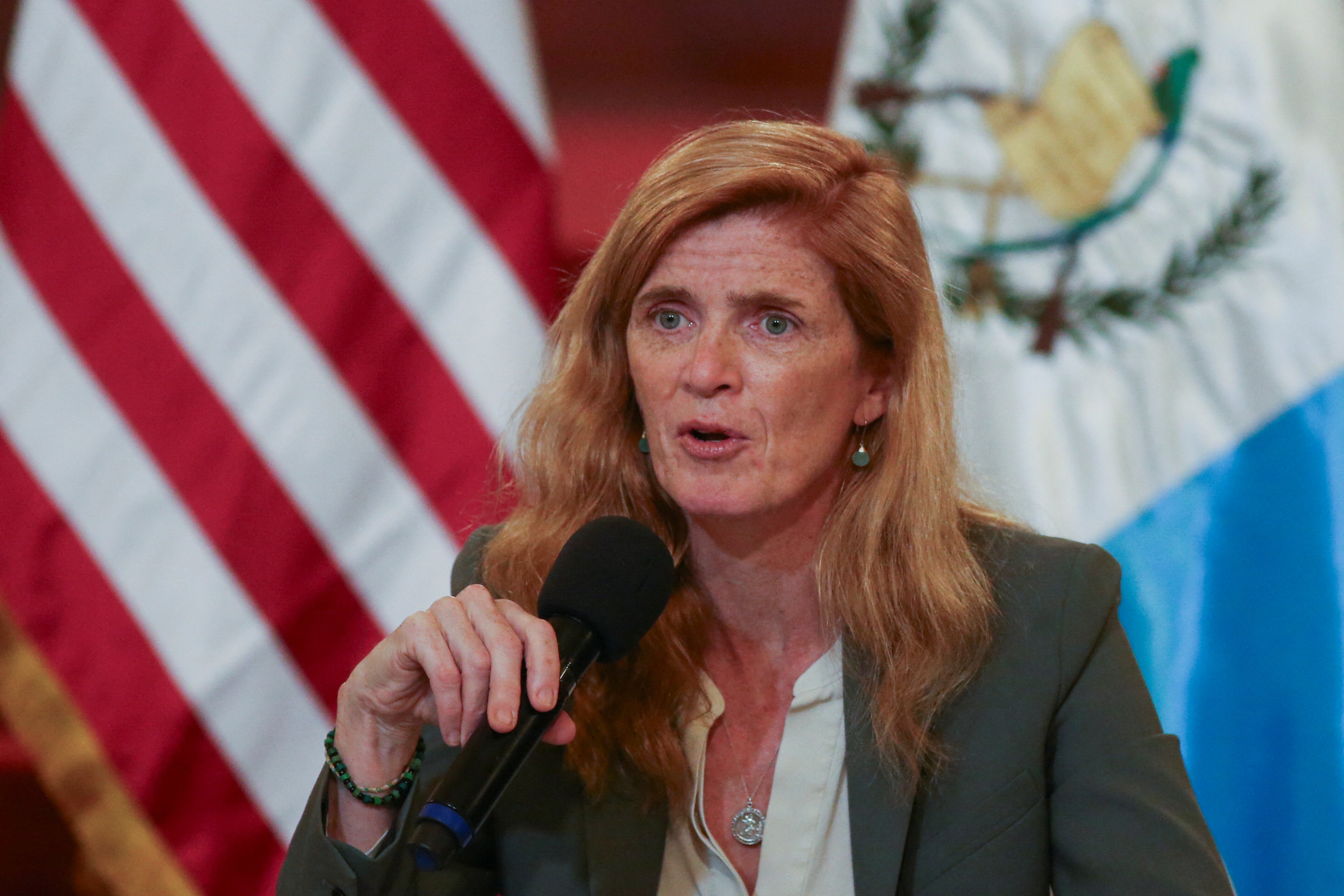 US Agency for International Development (USAID) Administrator Samantha Power speaks during a news conference at the National Palace of Culture in Guatemala City, Guatemala, January 15, 2024.