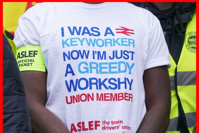 Train drivers from the Aslef union on the picket line at Waterloo station in London earlier this week. More strikes are being held today and in the coming days (Lucy North/PA)