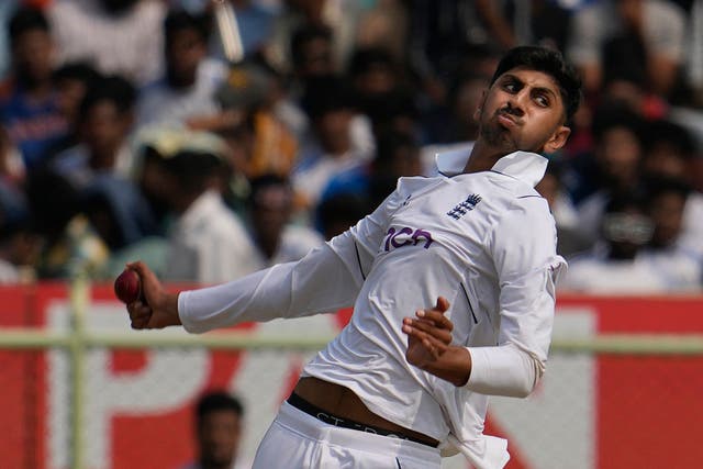 Shoaib Bashir opened his Test account on day one in Visakhapatnam (Manish Swarup/AP)