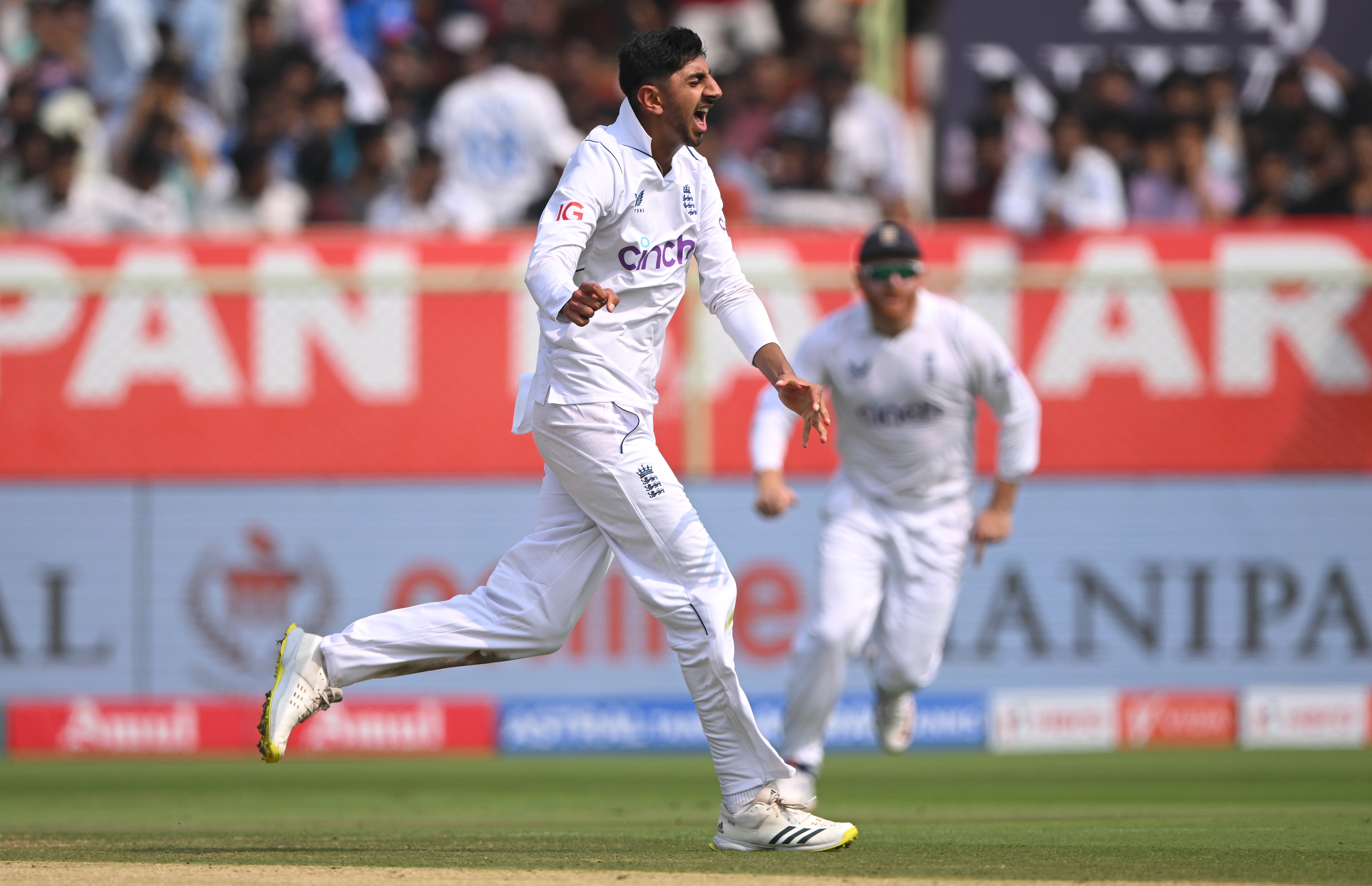 England bowler Shoaib Bashir celebrates his first test wicket