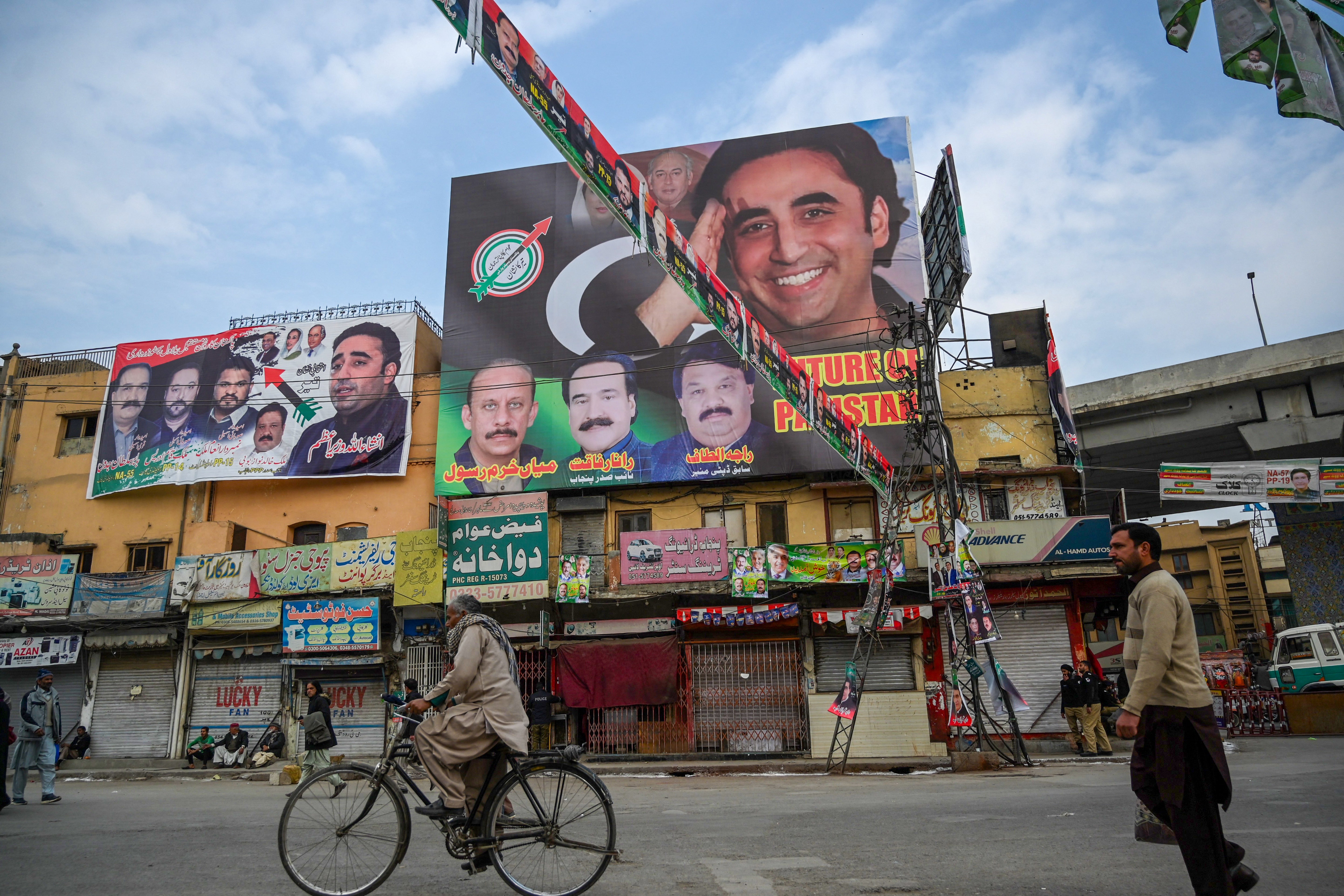 Election posters for Pakistan People’s Party (PPP) chairman Bilawal Bhutto Zardari in Rawalpindi