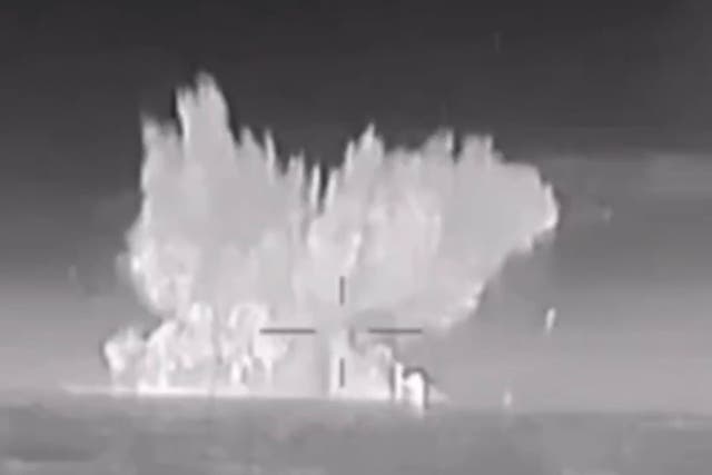 <p>Image allegedly shows the moment the Russian Ivanovets missile corvette was destroyed by Ukrainian special forces last month </p>
