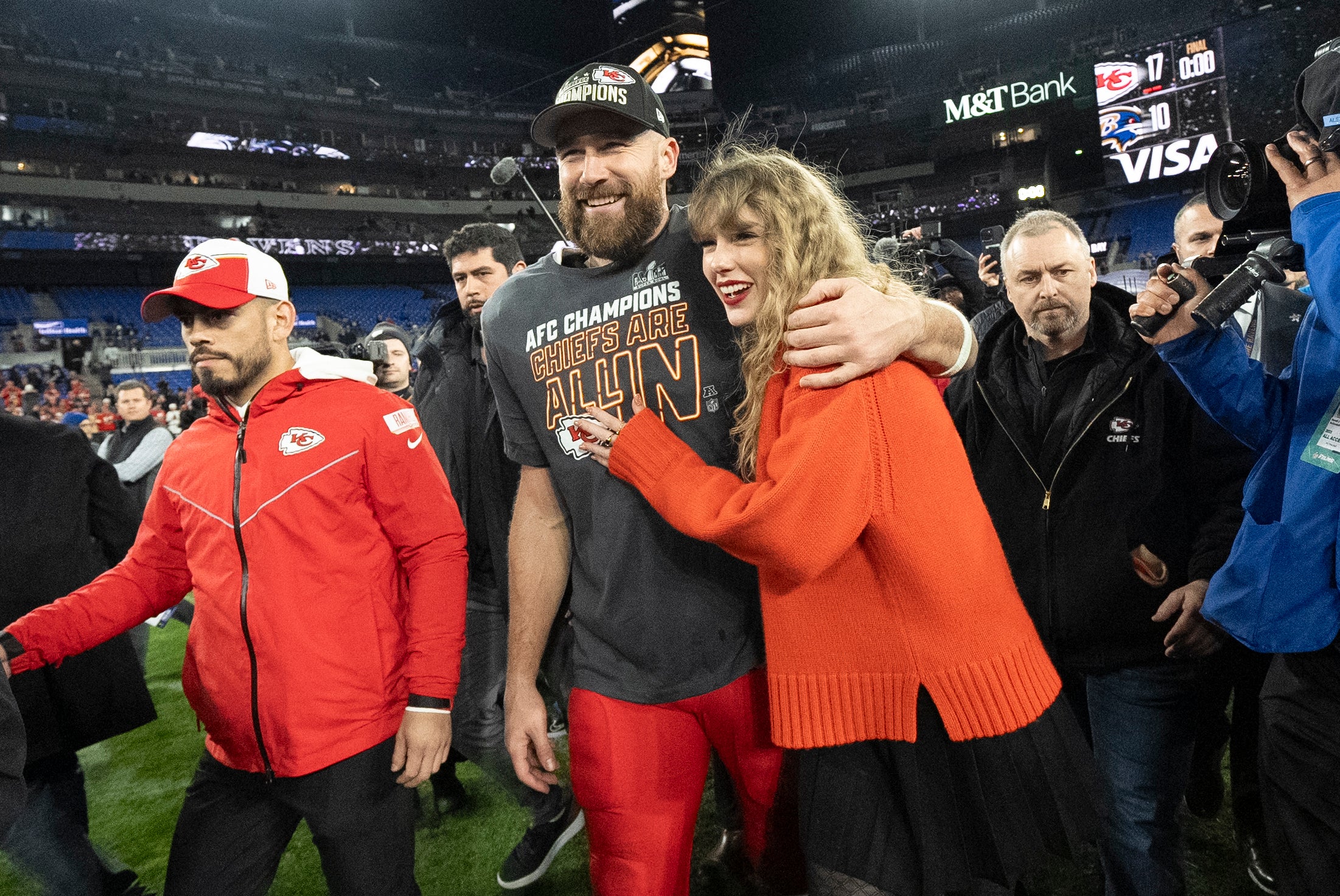 Kansas City Chiefs tight end Travis Kelce and Taylor Swift walk together after the AFC Championship NFL football game last month in Baltimore