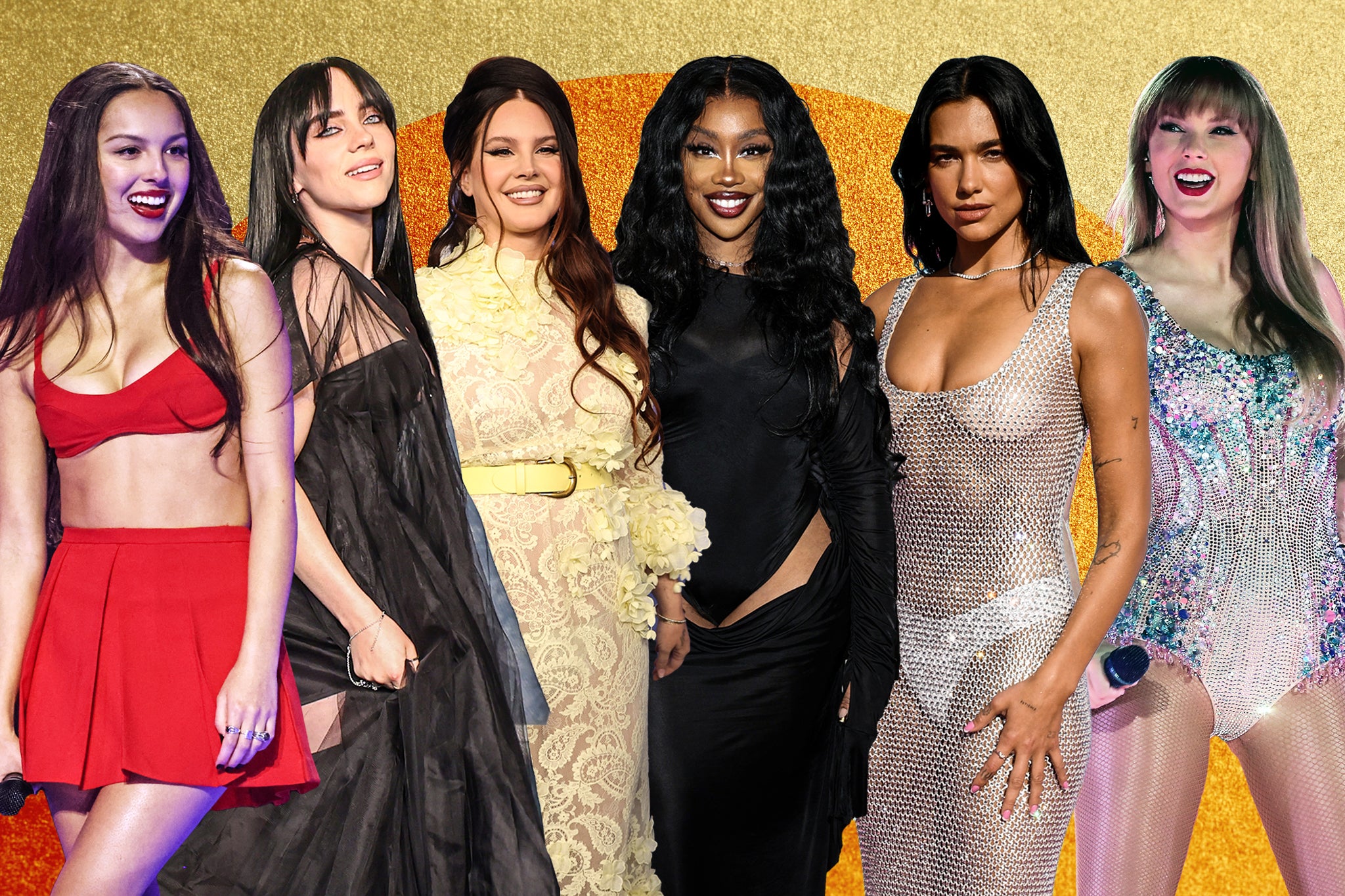 L-R: Grammy 2024 nominees Olivia Rodrigo, Billie Eilish, Lana Del Rey, SZA, Dua Lipa and Taylor Swift