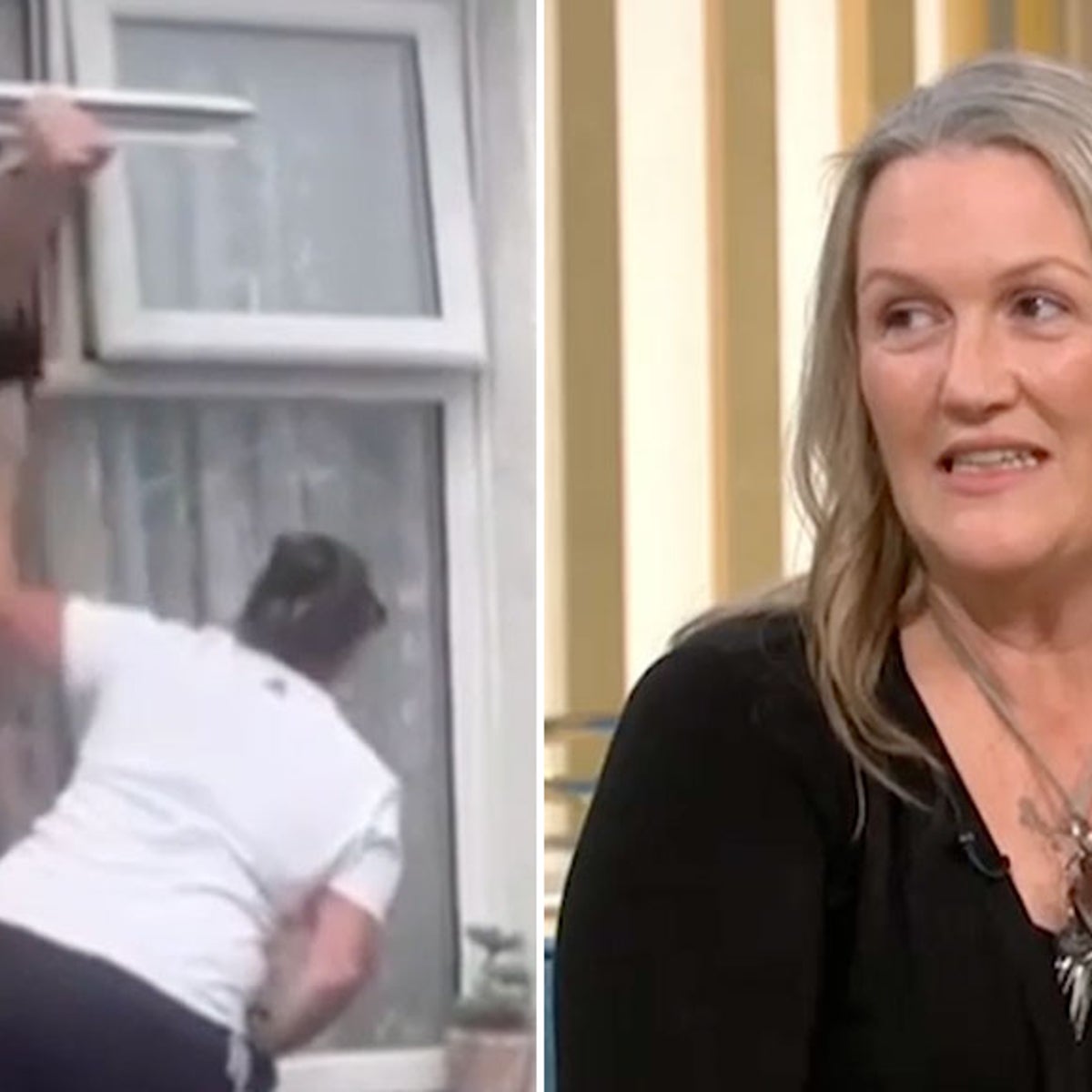 lady gets stuck in window dress falls down Woman ends up upside down, topless and trapped trying to get in through own window