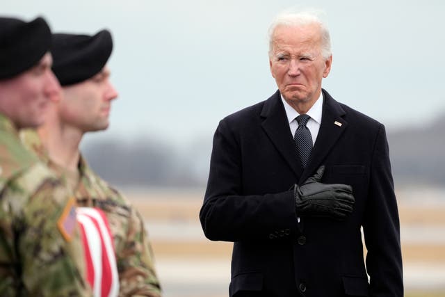 <p>Joe Biden in Delaware as the bodies of the US soldiers killed in Jordan are returned home </p>