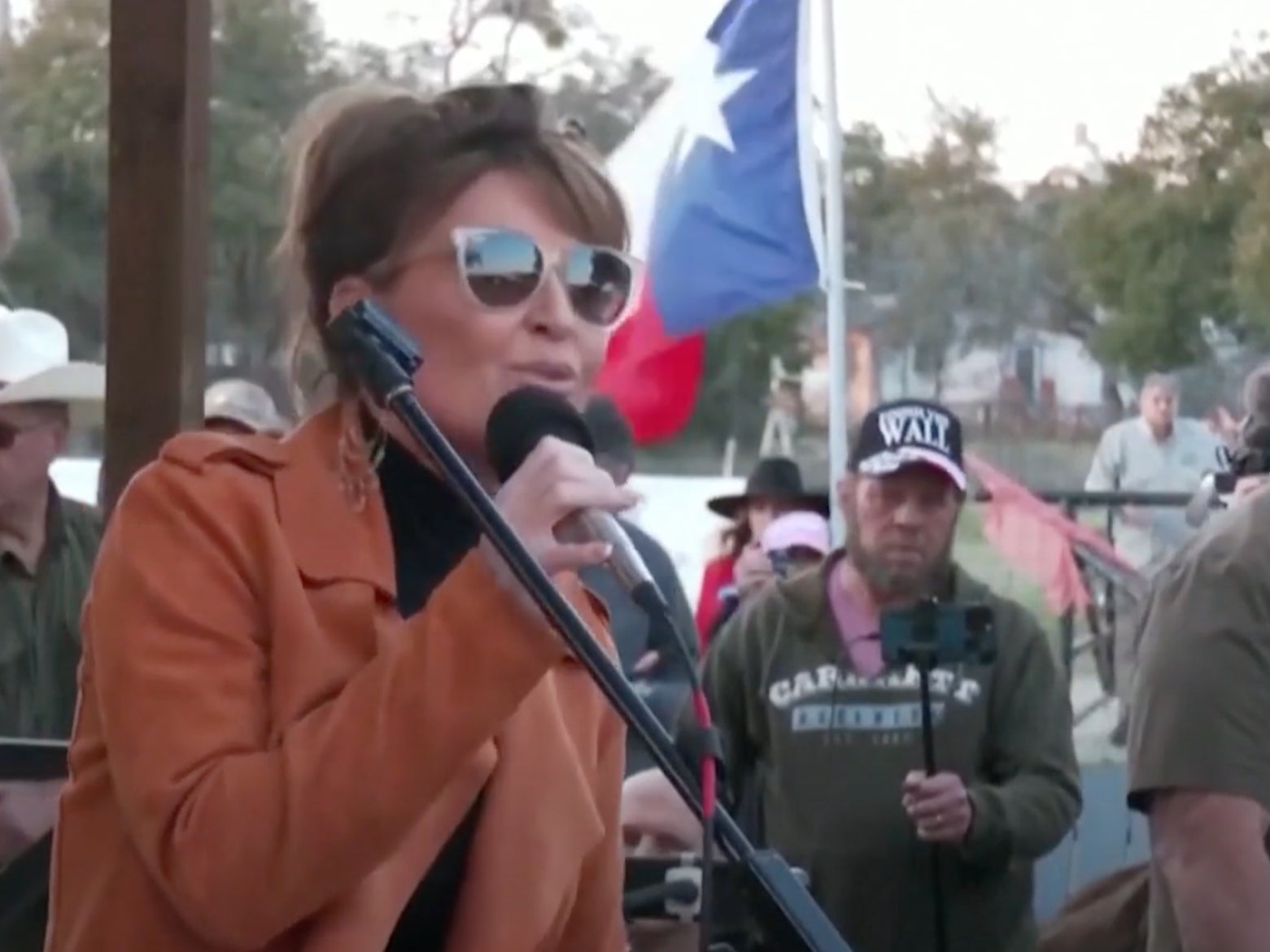 Former Alaska Governor Sarah Palin speaks to ‘Take Our Border Back’ convoy members in Dripping Springs, Texas