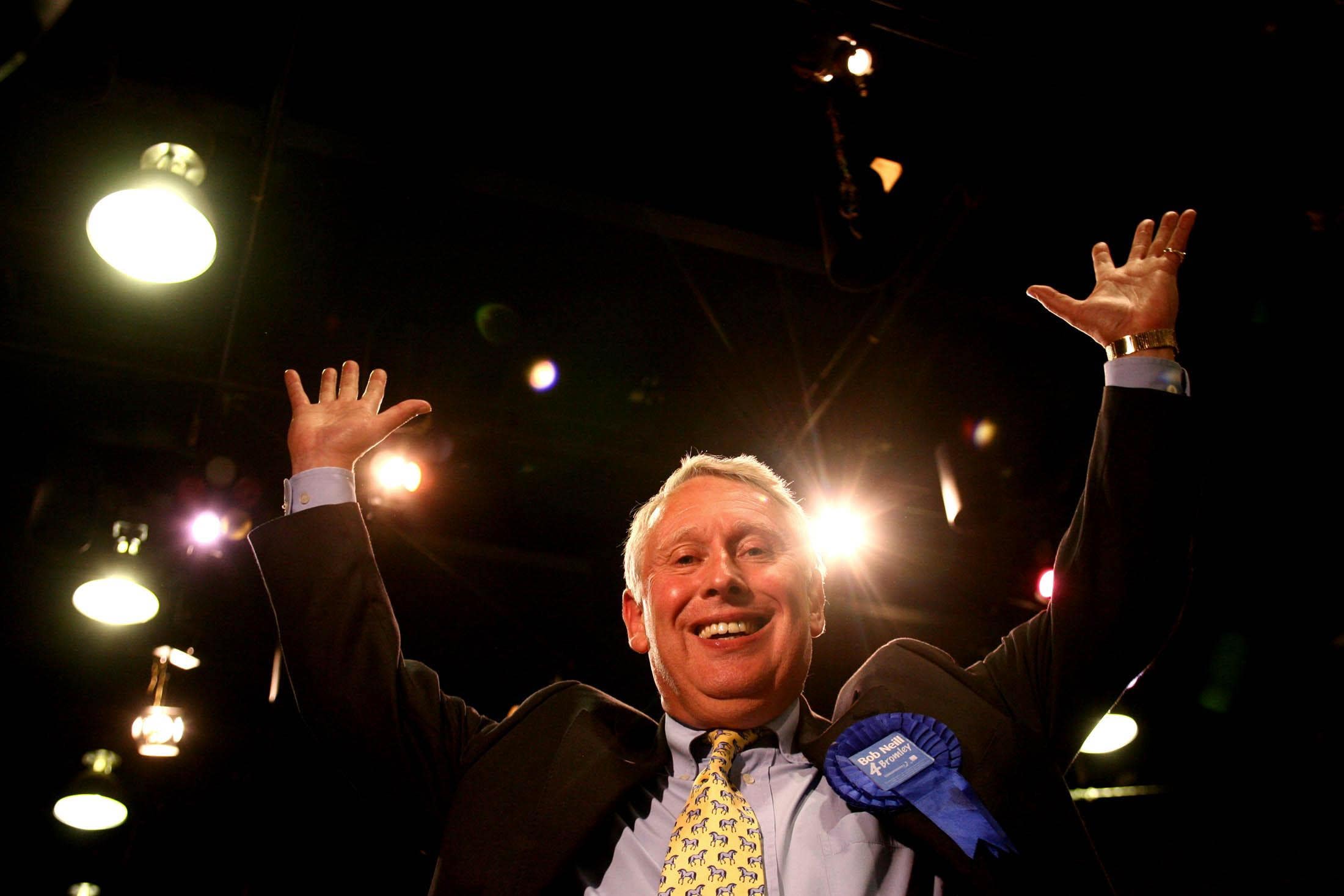 Sir Bob Neill, who is standing down, celebrates winning the Bromley and Chislehurst by-election in 2006