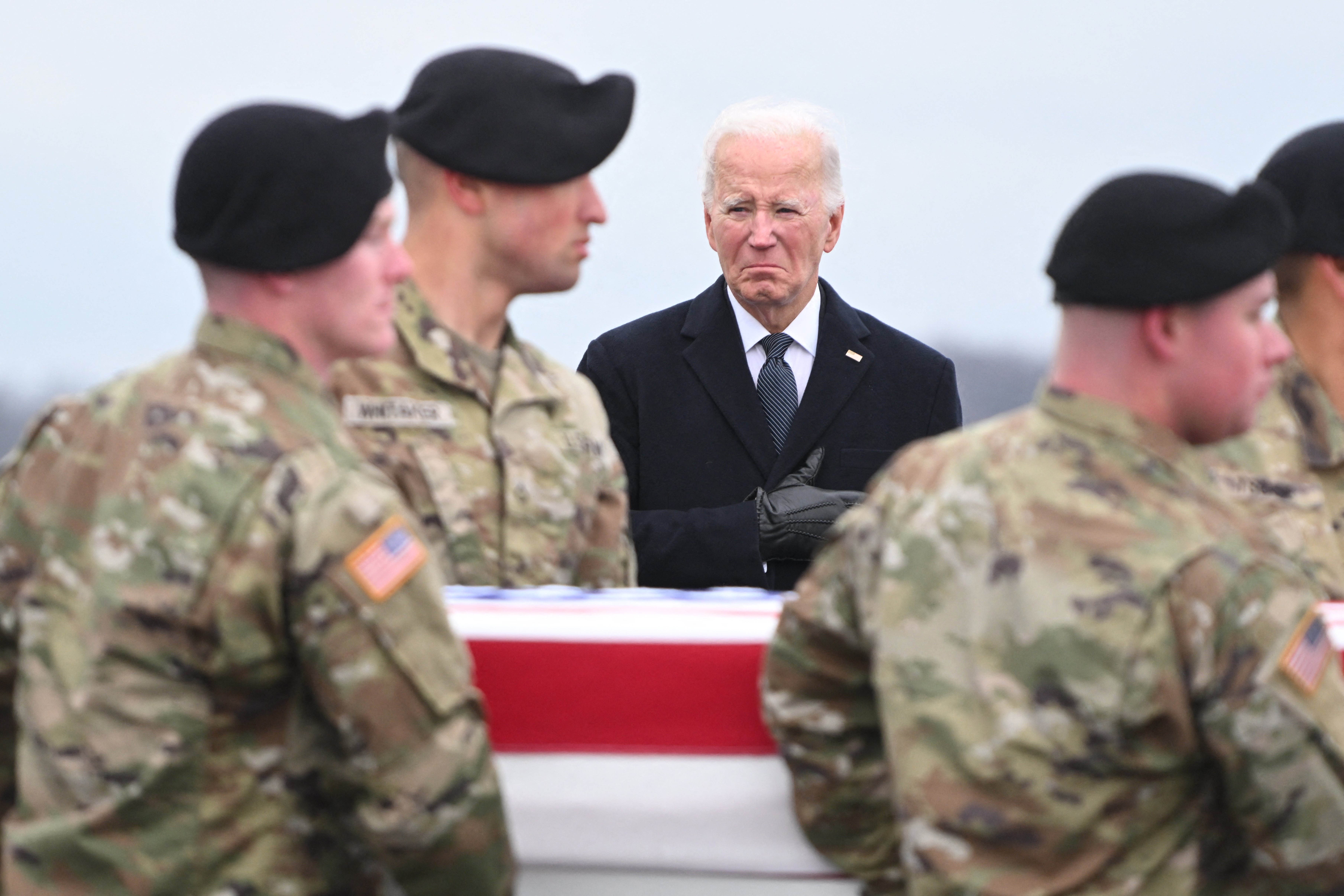 US President Joe Biden attends the dignified transfer of the remains of three US service members killed in Jordan