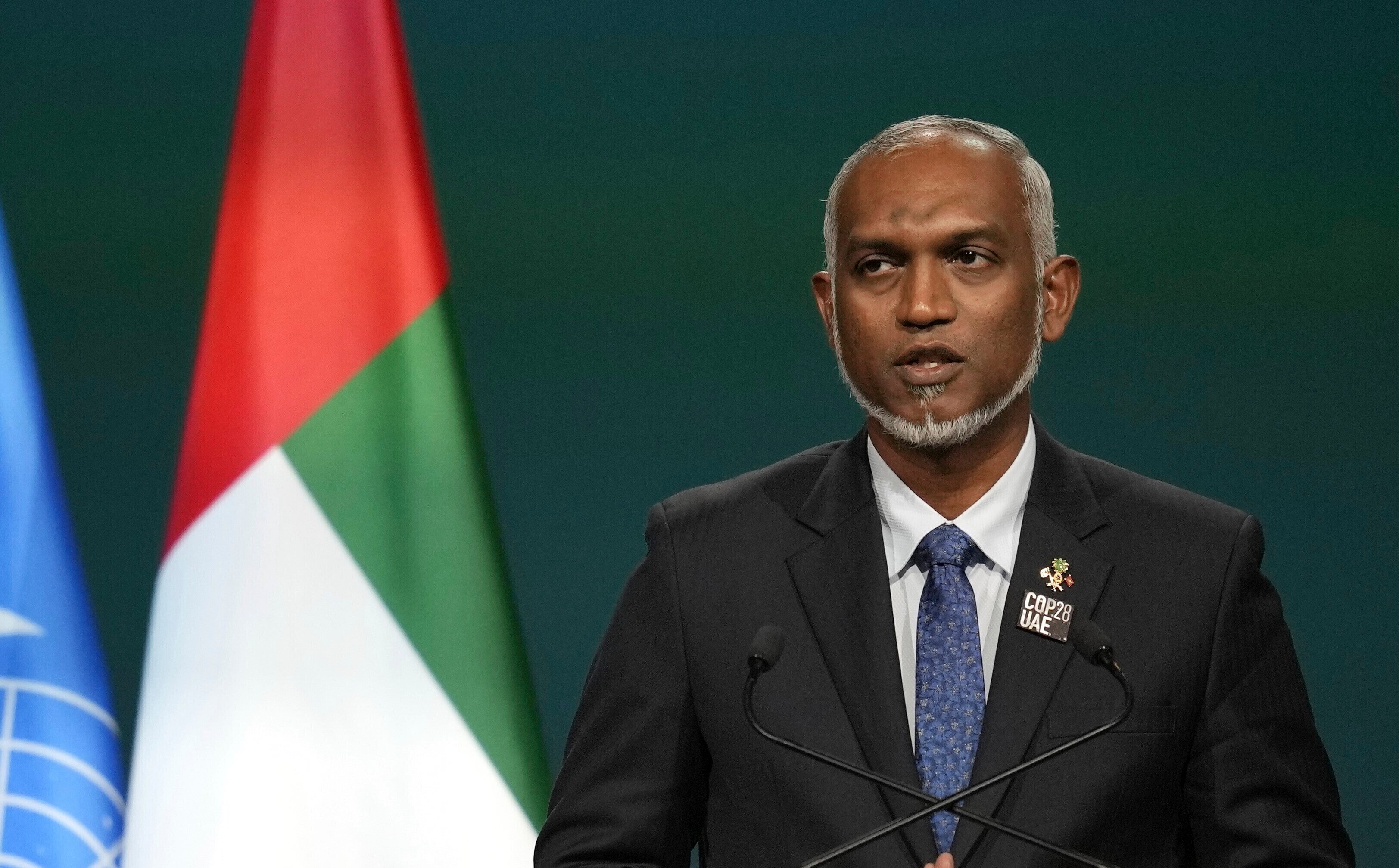 File. Maldives president Mohamed Muizzu speaks during a plenary session at the COP28 UN Climate Summit, Friday, 1 December 2023, in Dubai, United Arab Emirates