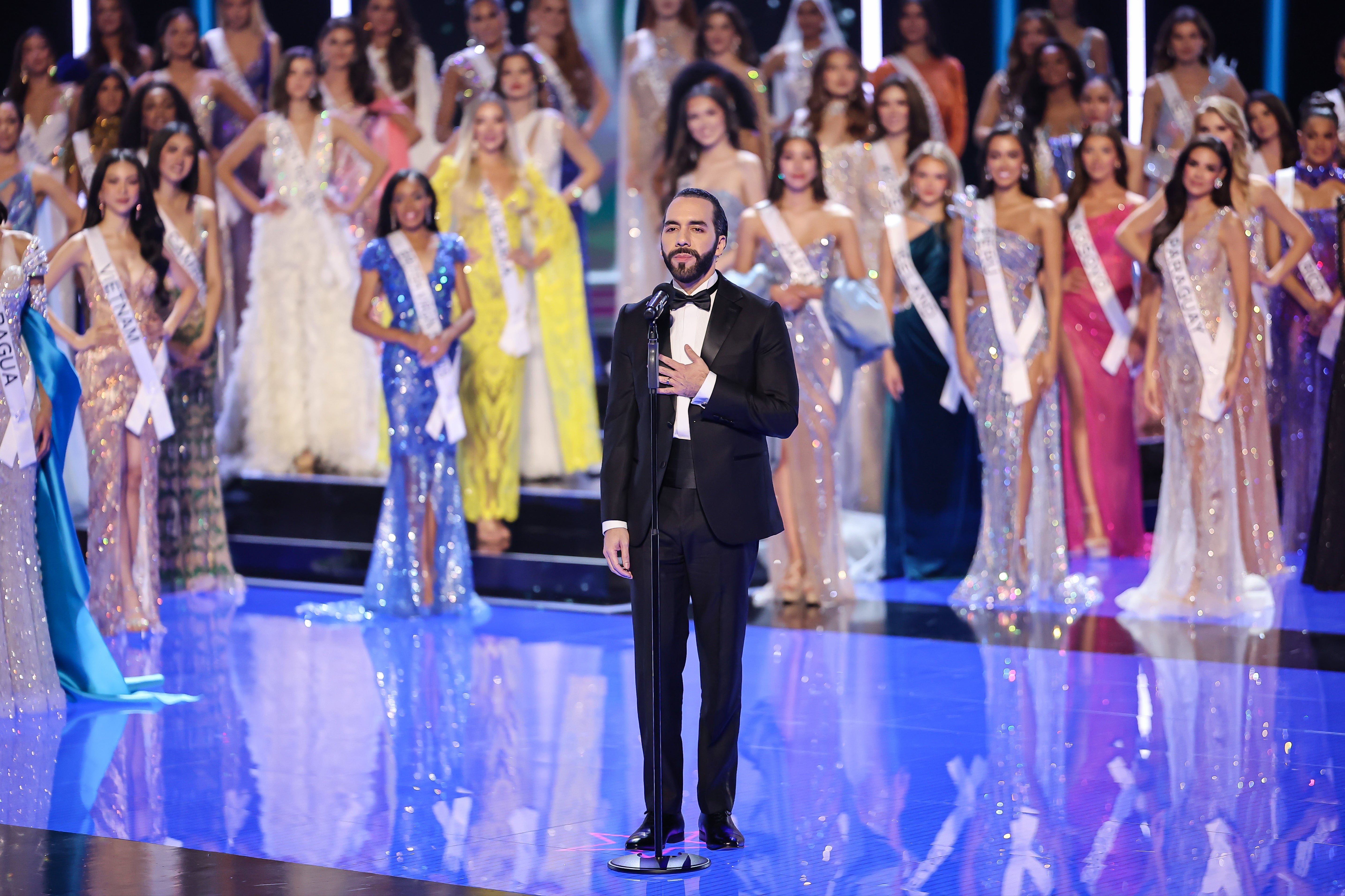 President Bukele speaks during the Miss Universe Competition in San Salvador in November