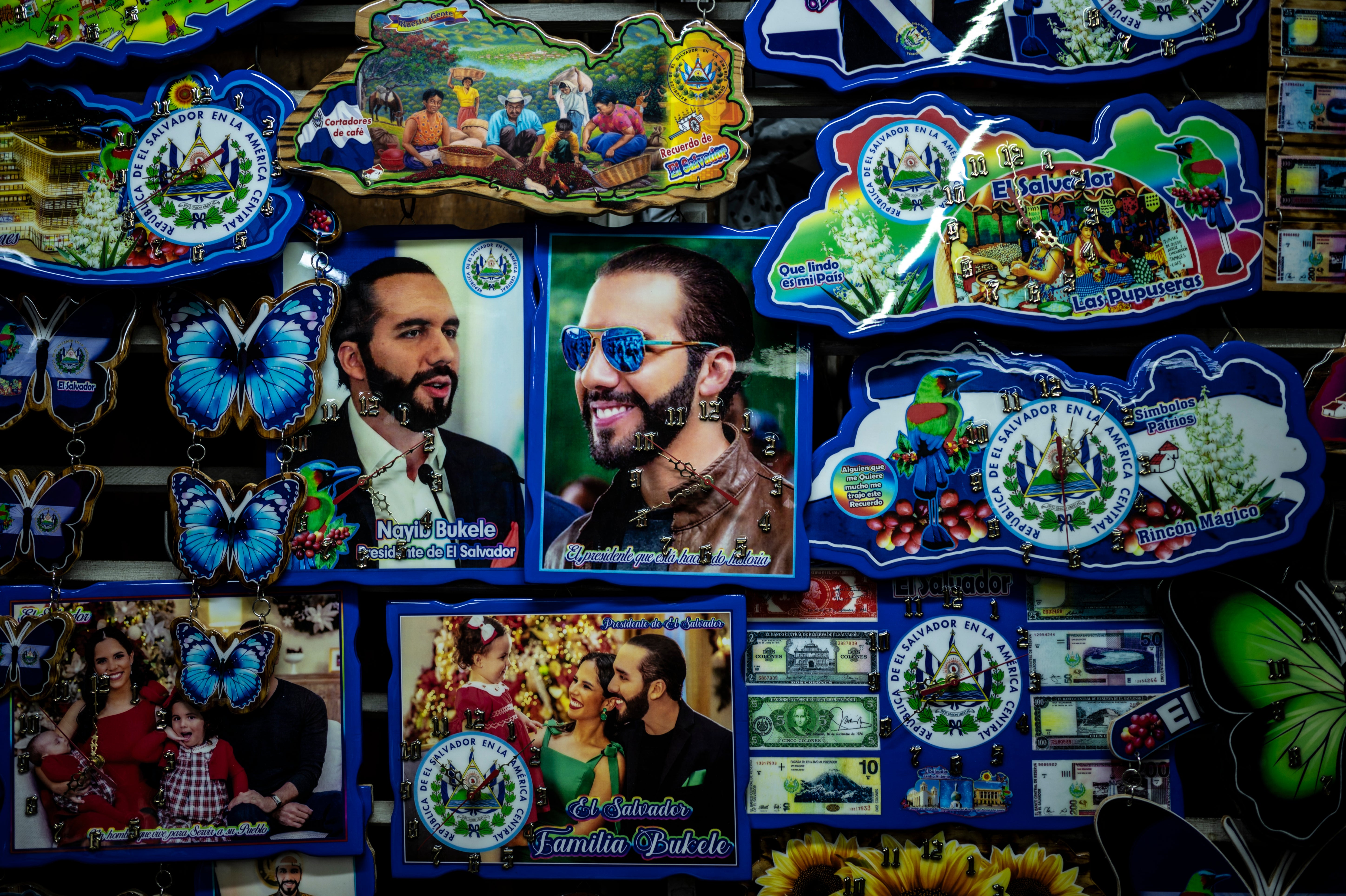 A market in San Salvador selling items adorned with President Bukele’s face