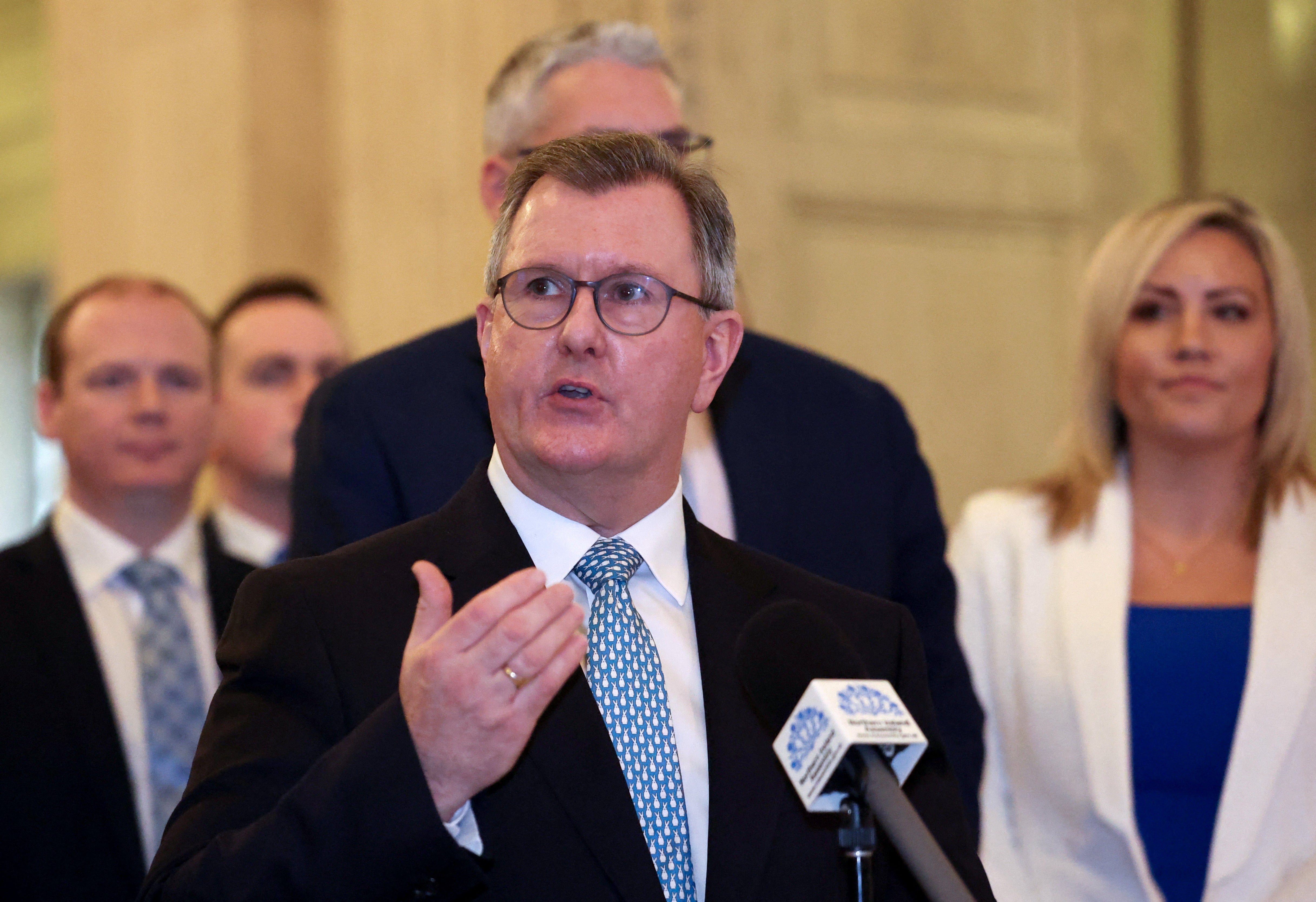 DUP leader Jeffrey Donaldson speaks to media at Stormont