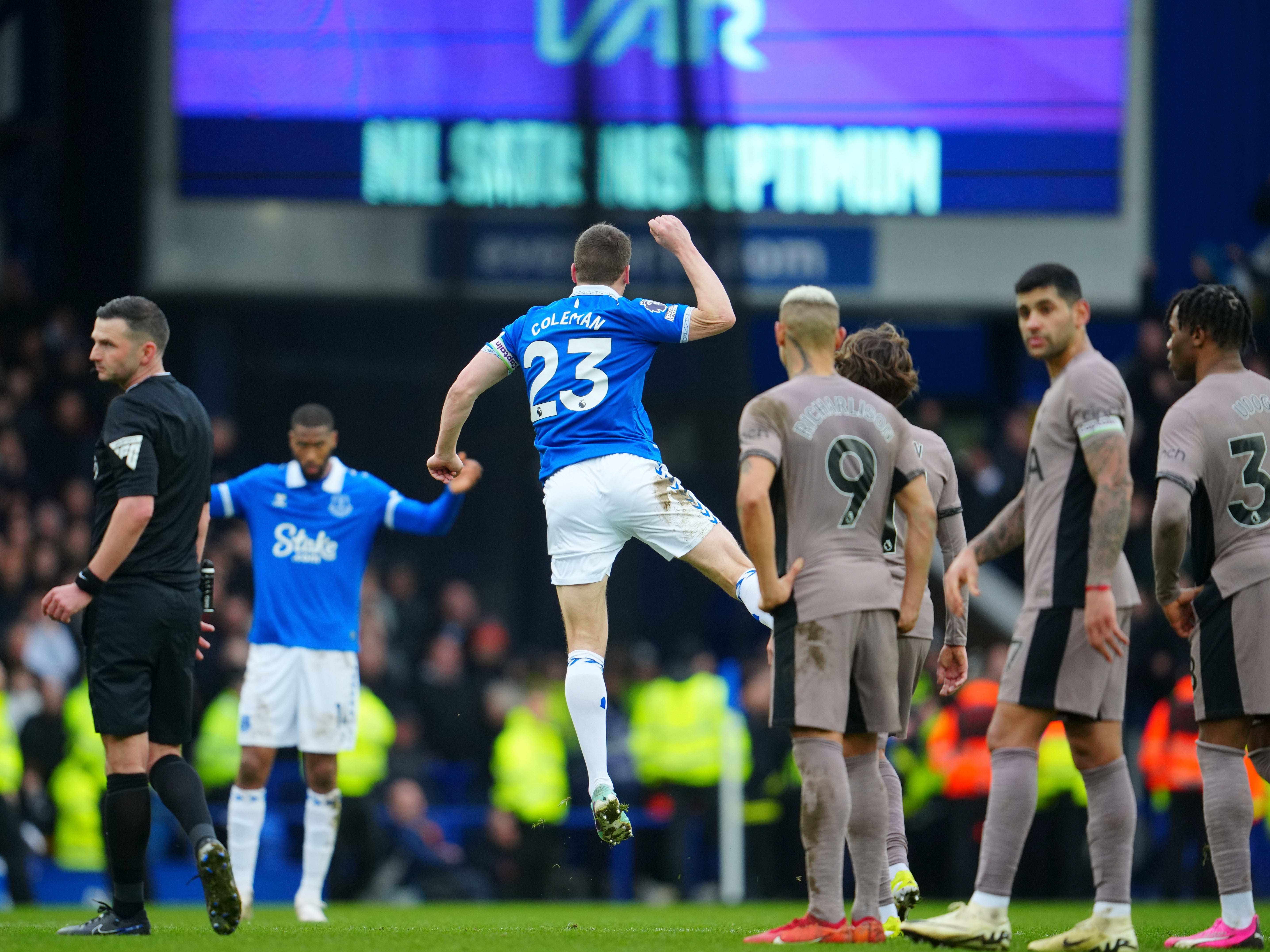 Seamus Coleman celebrates after the VAR confirms Everton’s equaliser
