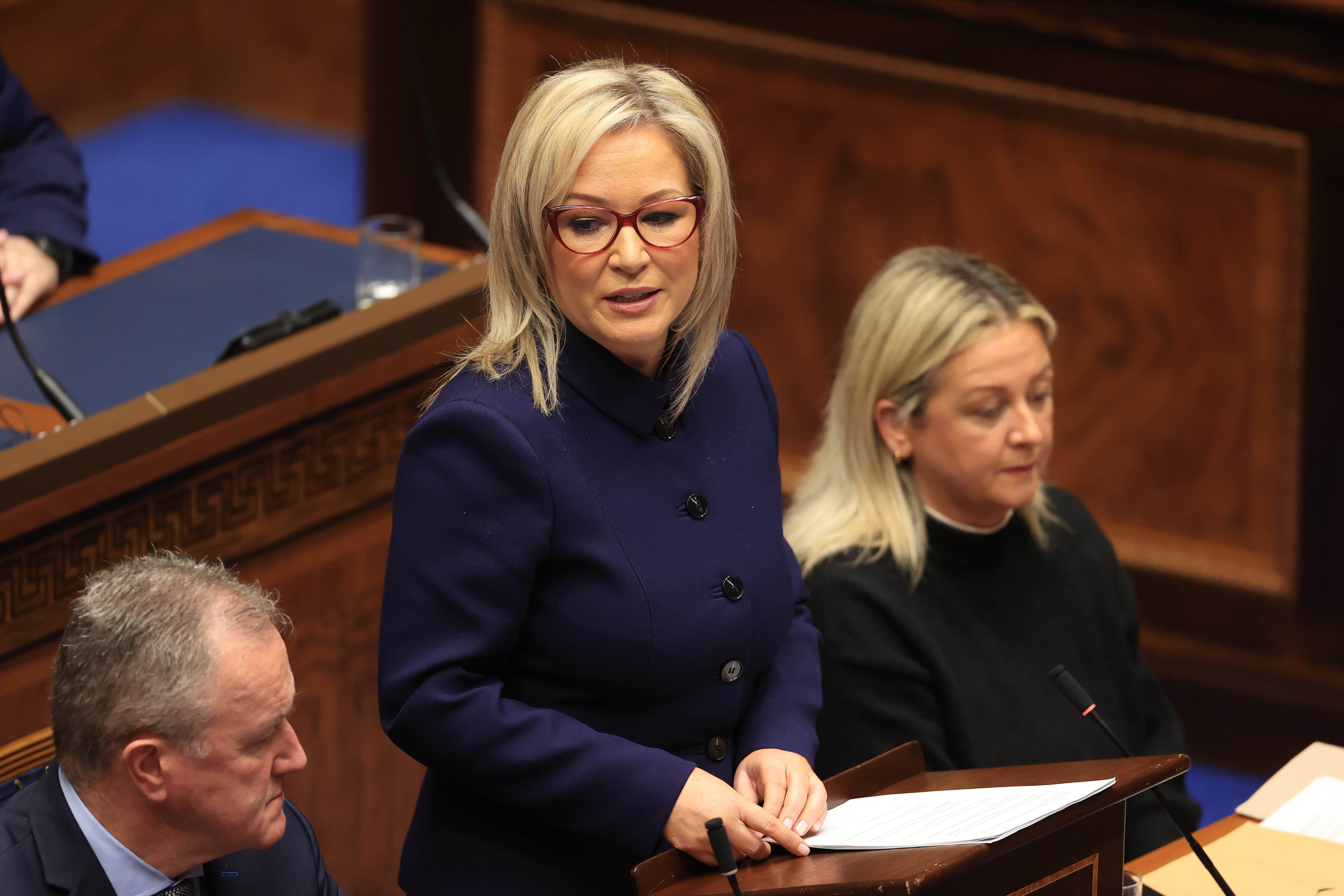 Sinn Fein vice president Michelle O’Neill speaking after being appointed as Northern Ireland’s First Minister during proceedings of the Northern Ireland Assembly in Parliament Buildings, Stormont (Liam McBurney/PA)