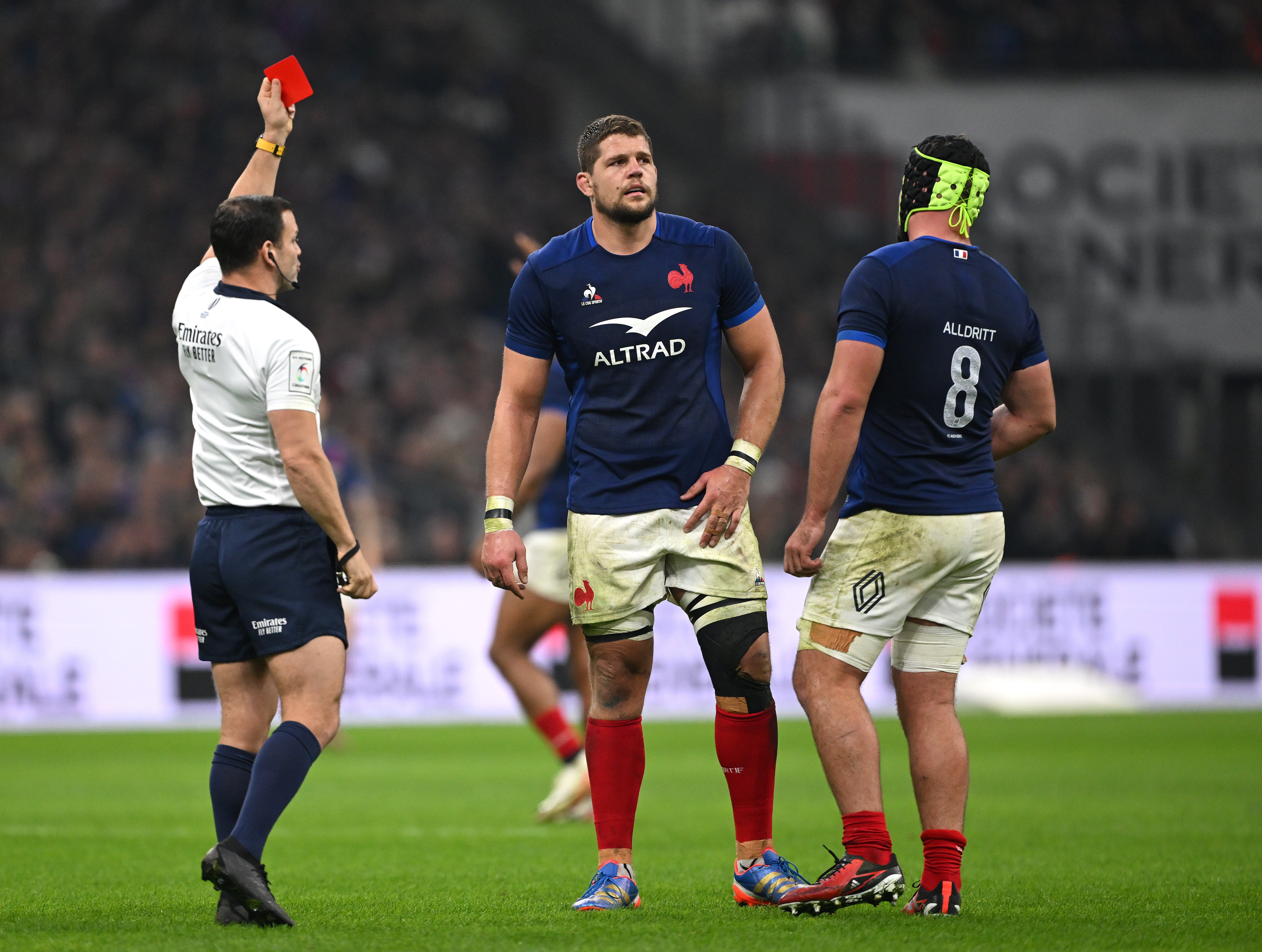 Paul Willemse of France reacts after being shown a red card by referee Karl Dickson