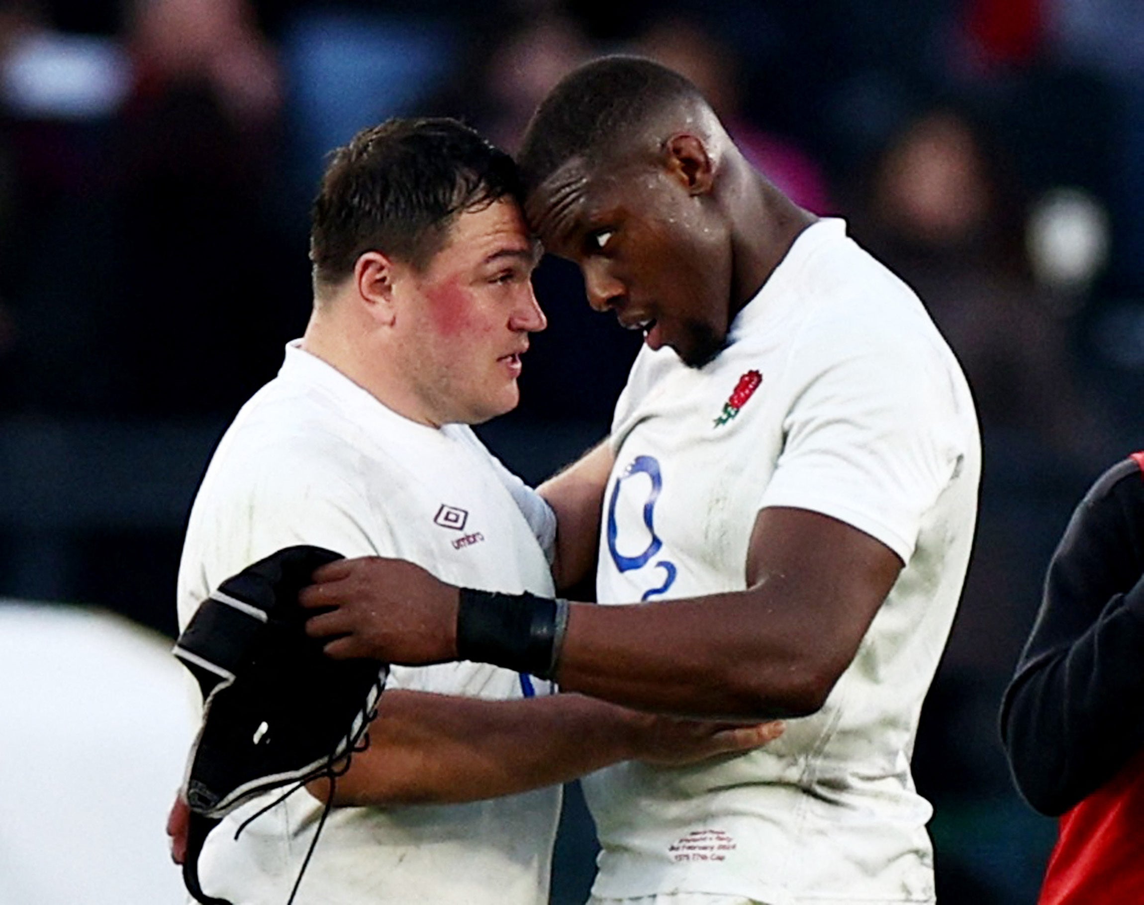 Jamie George and Maro Itoje have a post-match tete-a-tete