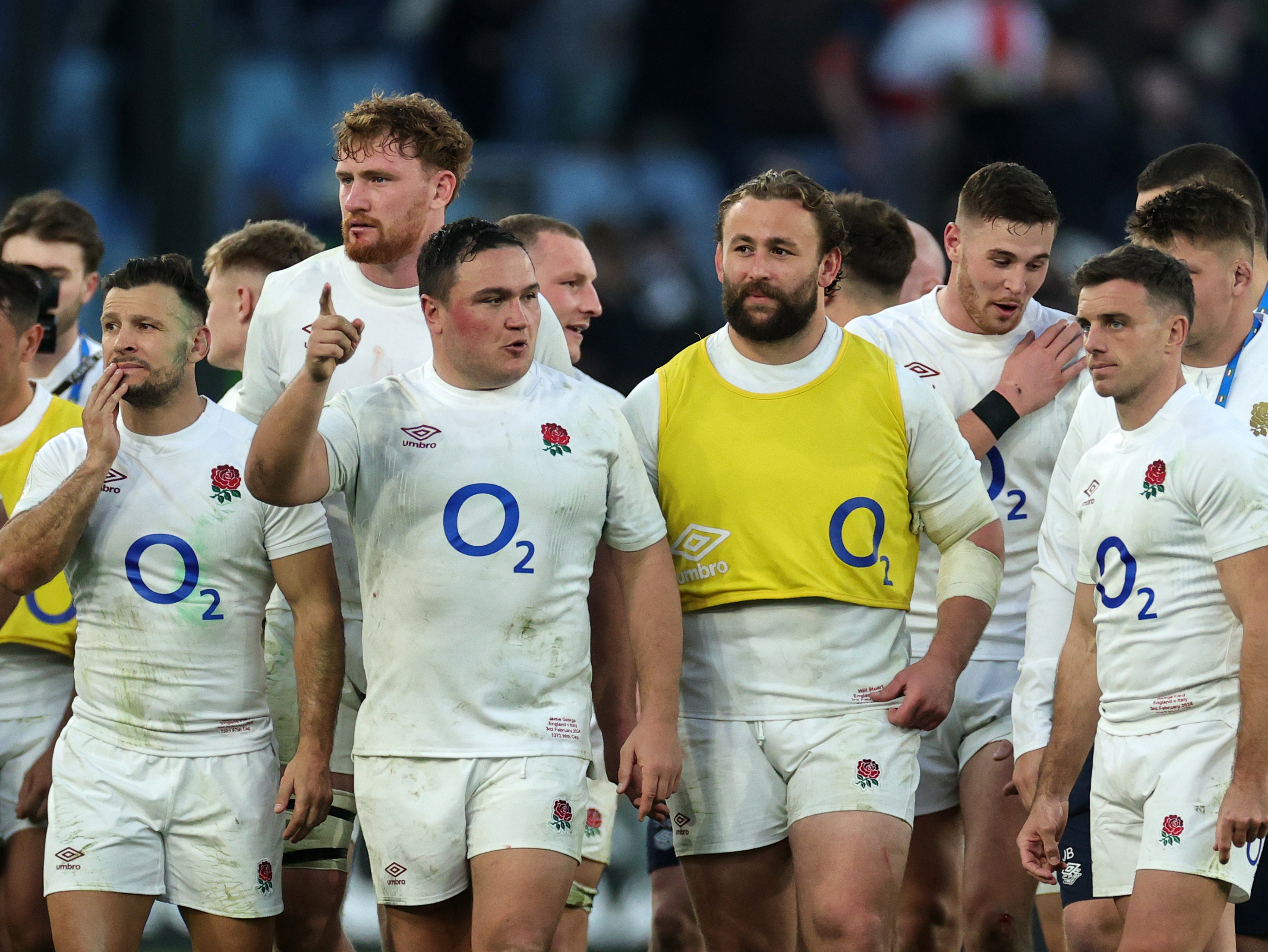 England players show relief after victory over Italy in Rome