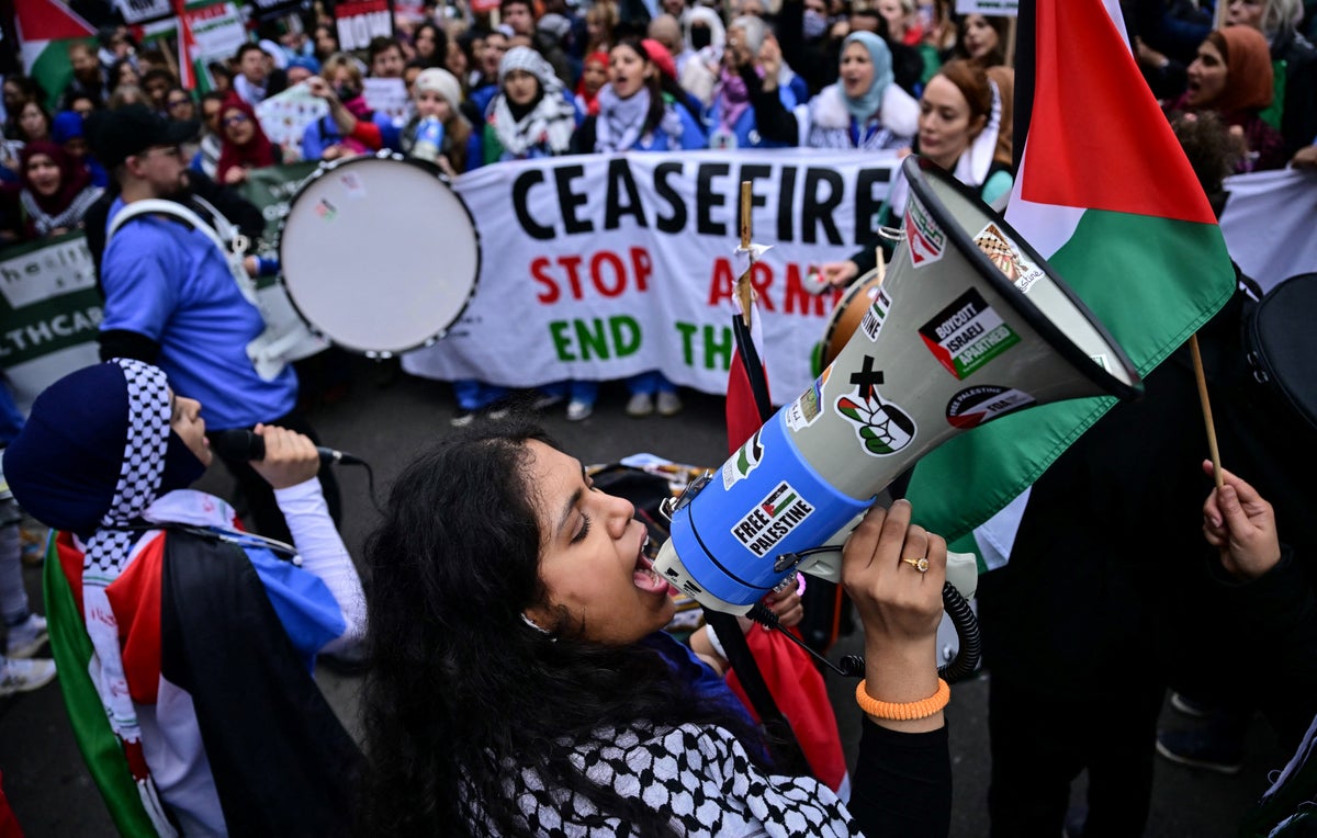 Thousands of pro-Palestine supporters march through London calling for ceasefire