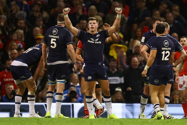 <p>Scotland’s players celebrate a hard-fought win in Cardiff </p>