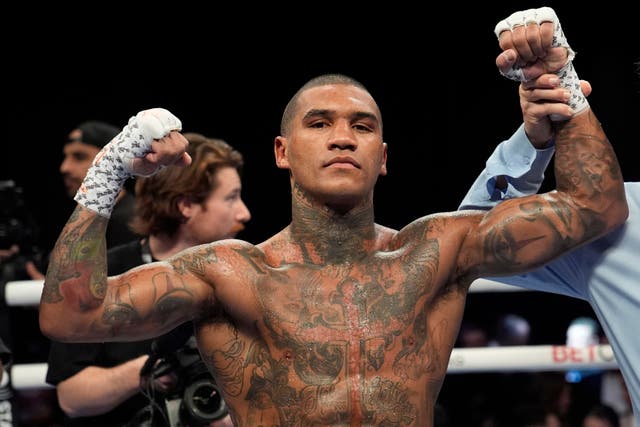 Conor Benn poses after defeating Peter Dobson in a welterweight boxing match in Las Vegas. (John Locher, AP)