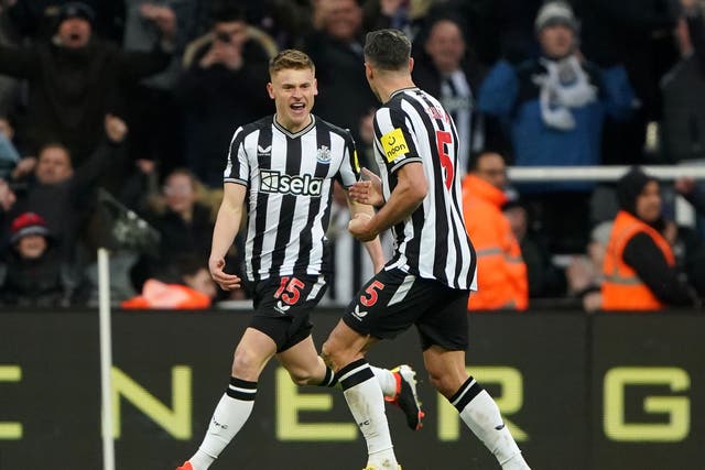 Newcastle’s Harvey Barnes (left) is not giving up on his hopes of another top-four finish (Owen Humphreys/PA)