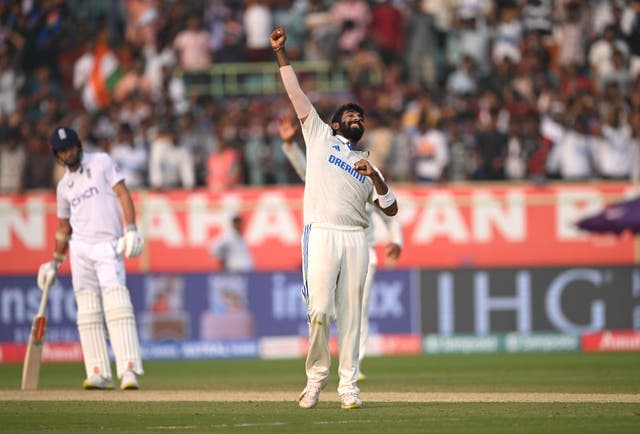 <p>Bumrah celebrates after taking the wicket of Tom Hartley during day two of the second test between England and India</p>
