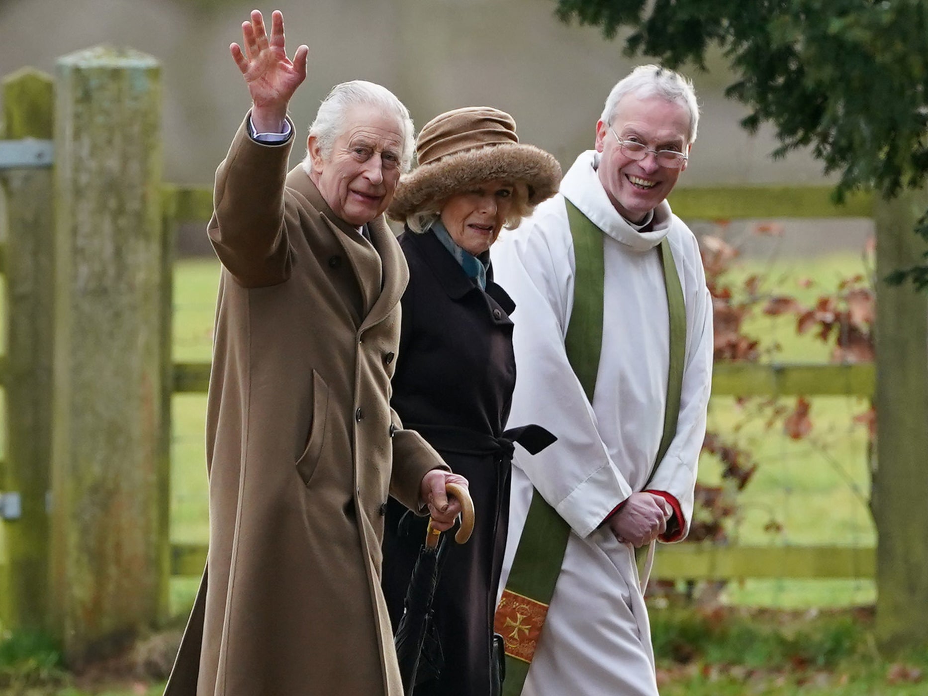 King Charles III and Queen Camilla arrive to attend a Sunday church service at St Mary Magdalene Church in Sandringham