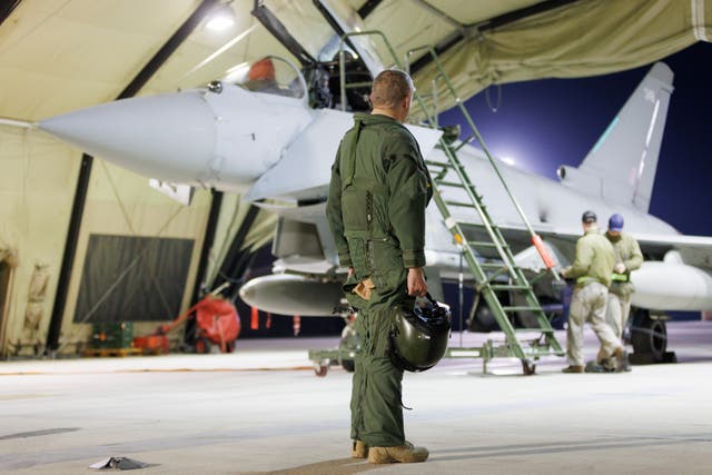 <p>An RAF Typhoon FGR4 aircraft back at base, following strikes against Houthi targets in Yemen in February </p>