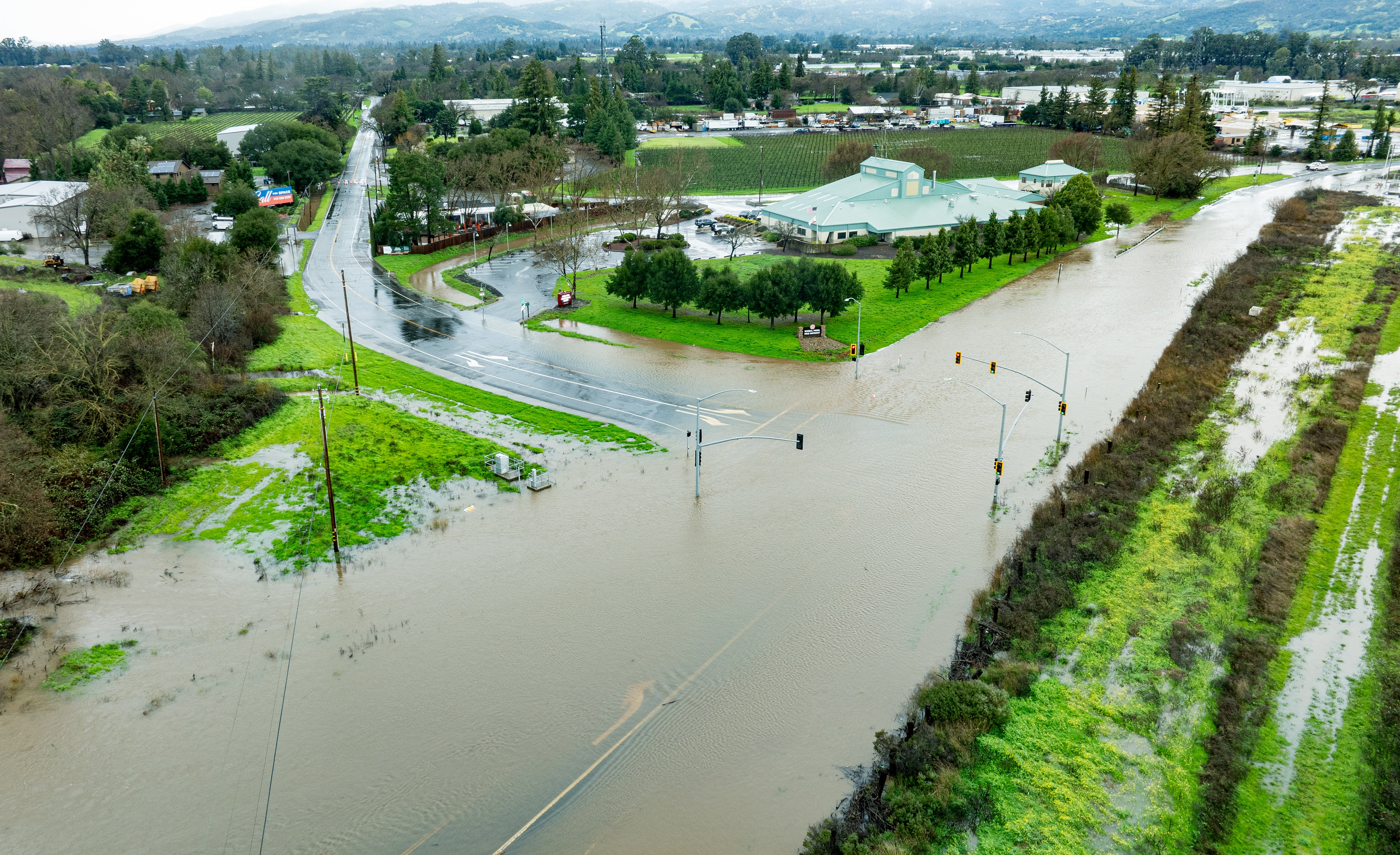 A closed roadway is seen flooded in Sonoma, California on February 4, 2024