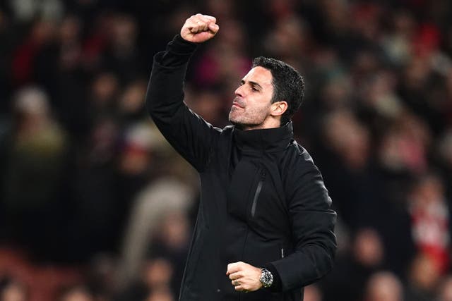 Arsenal manager Mikel Arteta celebrates after his side’s win over Liverpool (John Walton/PA)