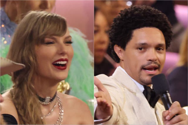 <p>Taylor Swift (left) and Trevor Noah at the Grammys</p>