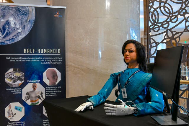 <p>Vyommitra’ the first prototype half humanoid robot being developed by the Inertial Systems Unit of Indian Space Research Organisation (ISRO) for its planned ‘Gaganyaan’ unmanned mission, is displayed at an exhibition during a symposium on Human Spaceflight and Exploration - Present Challenges and Future Trends in Bangalore on January 23, 2020</p>