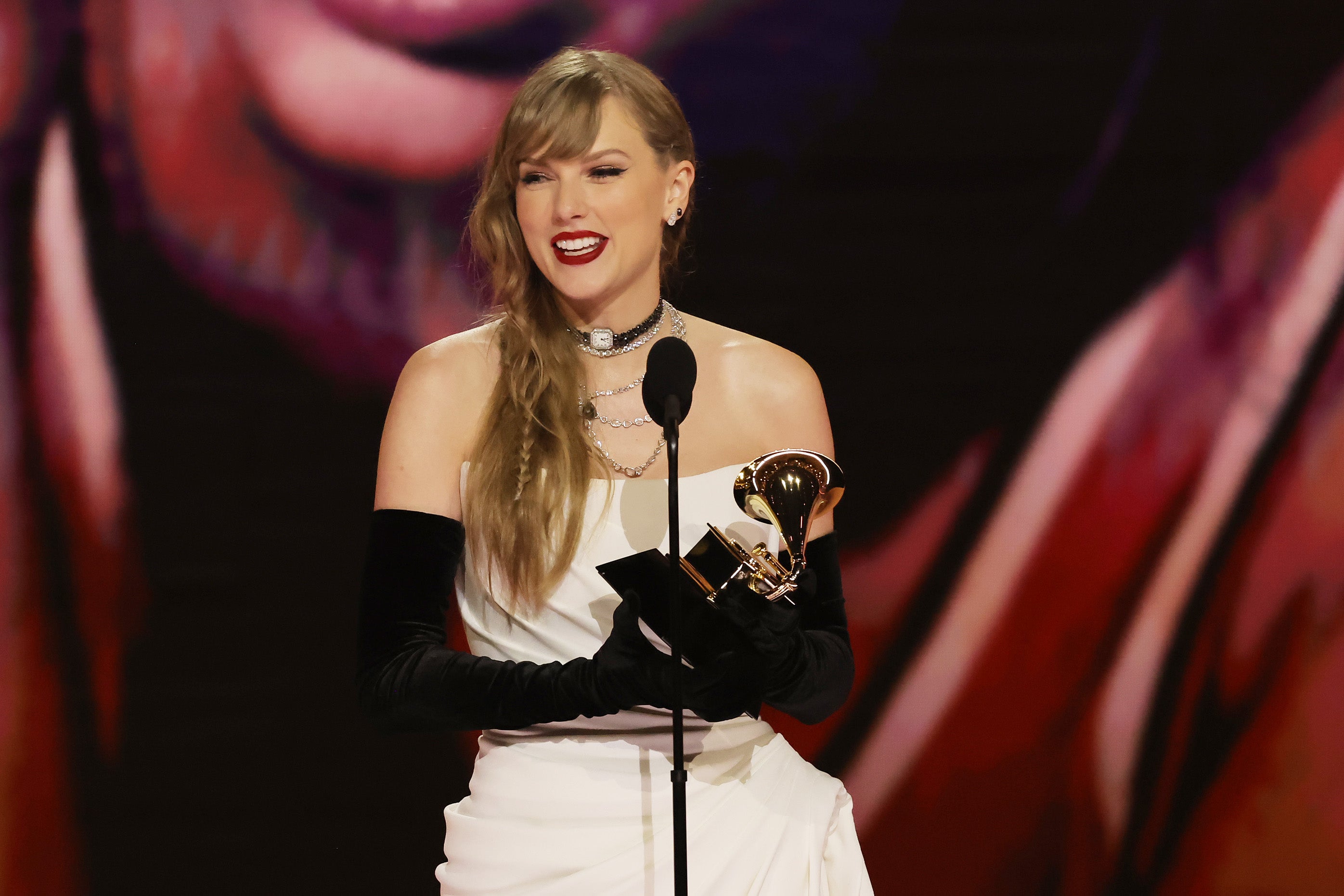 Taylor Swift accepts the Best Pop Vocal Album award for ‘Midnights’