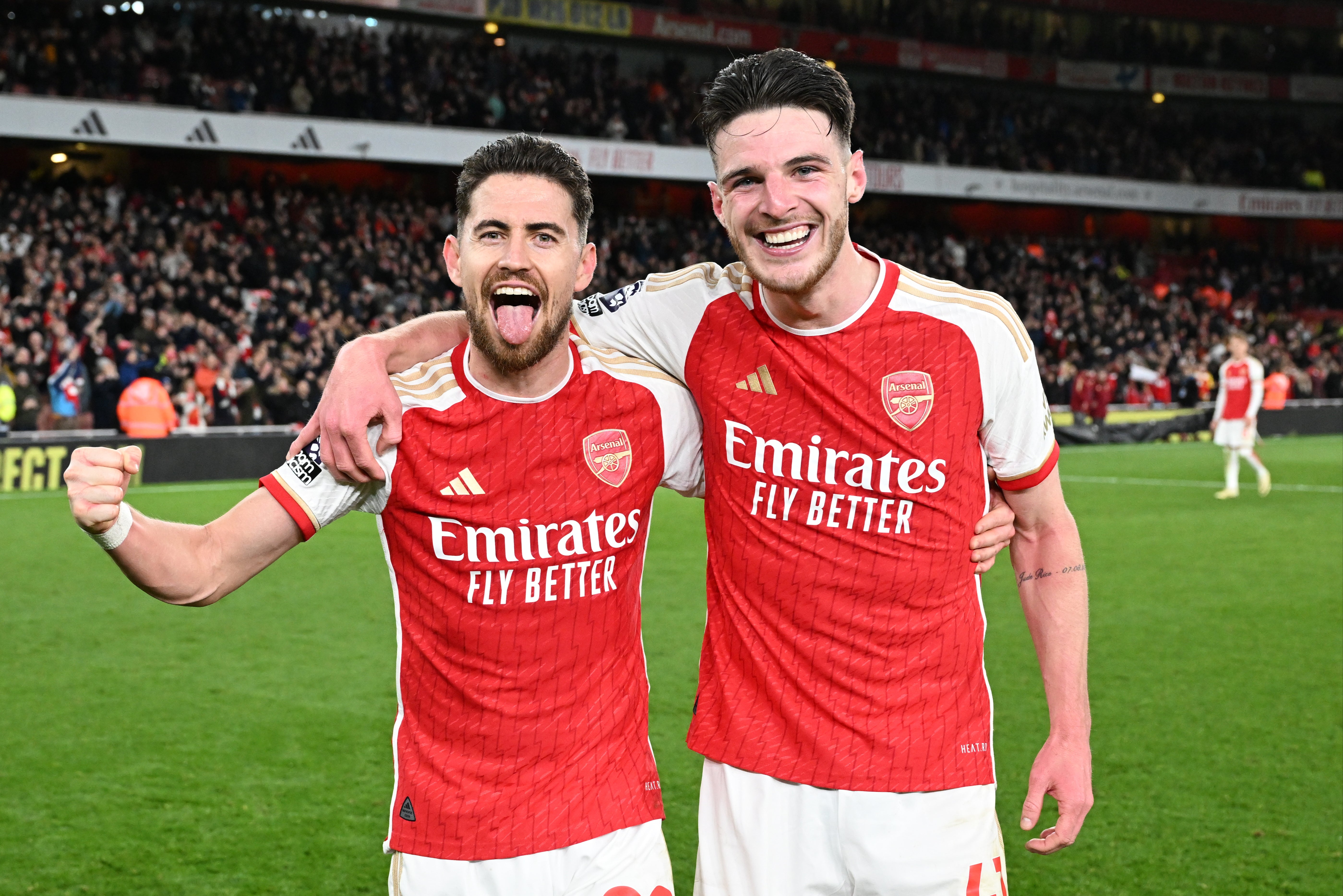 Jorginho and Declan Rice celebrate Arsenal's victory