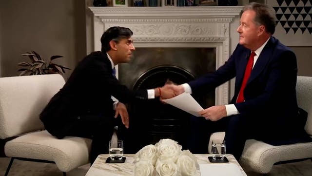 <p>Not such a grand idea: Rishi Sunak and Piers Morgan shake on a £1,000 bet over Rwanda flights leaving before general election</p>